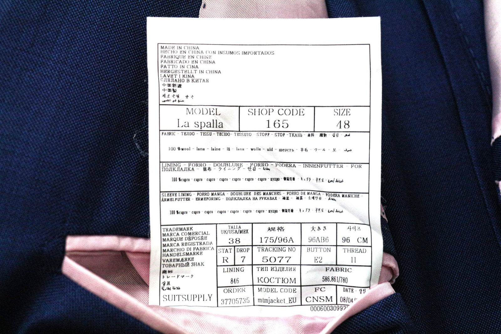 SUITSUPPLY La Spalla Men's Suit UK38R Blue Wool 2Pc Classic Single-Breasted