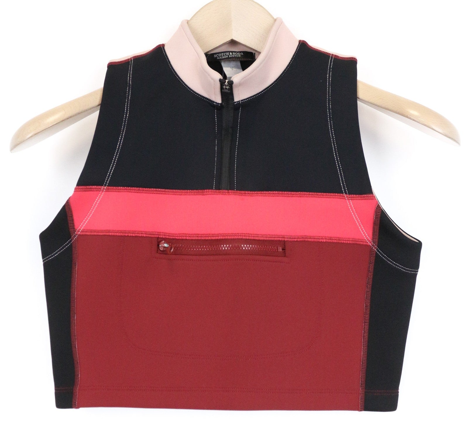 MAISON SCOTCH Women's Black Cropped Top M Sportswear Stretch Zip Neck