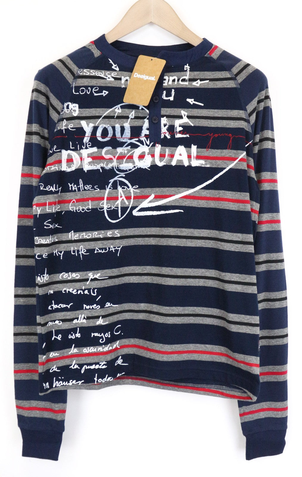 DESIGUAL Marcos Men's Blue T-Shirt S Striped Cotton Blend Henley Long Sleeve