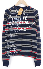 DESIGUAL Marcos Men's Blue T-Shirt S Striped Cotton Blend Henley Long Sleeve