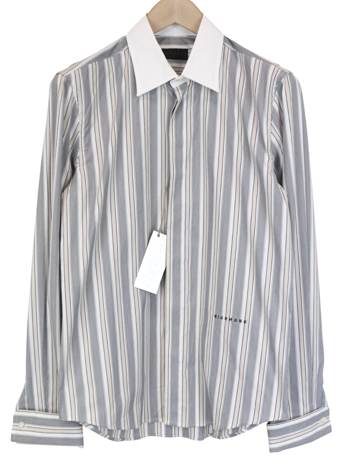 RICHMOND Men's Shirt 48 Grey Striped Stretch Cotton Long Sleeve Classic