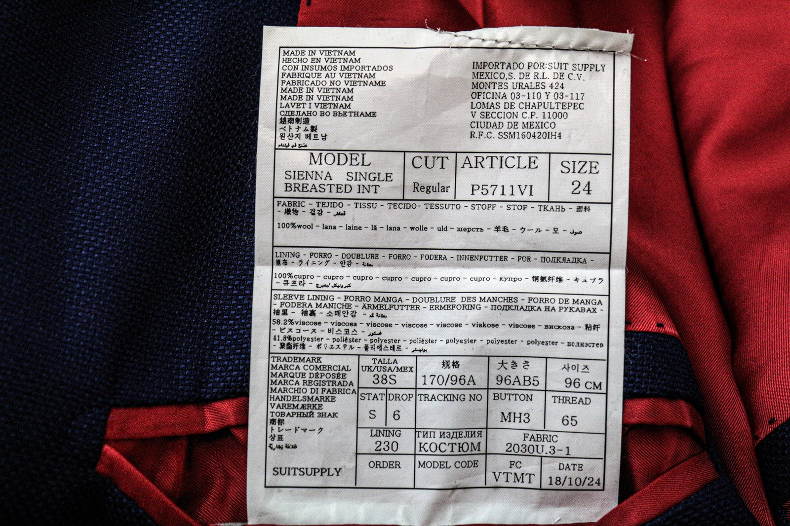 SUITSUPPLY Sienna Men's Blazer UK38S Blue Super 130's Wool Notch Lapel