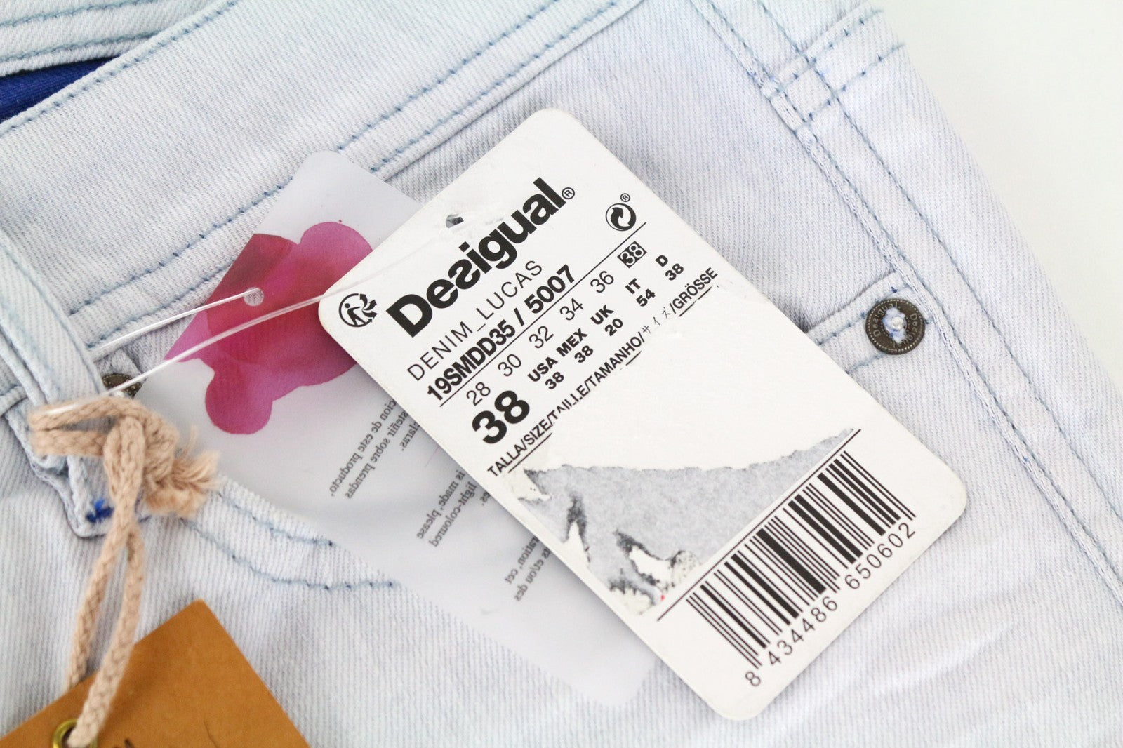 DESIGUAL Lucas Men Jeans W38 Slim Fit Wash Light Blue Cotton Stretch Button-Fly