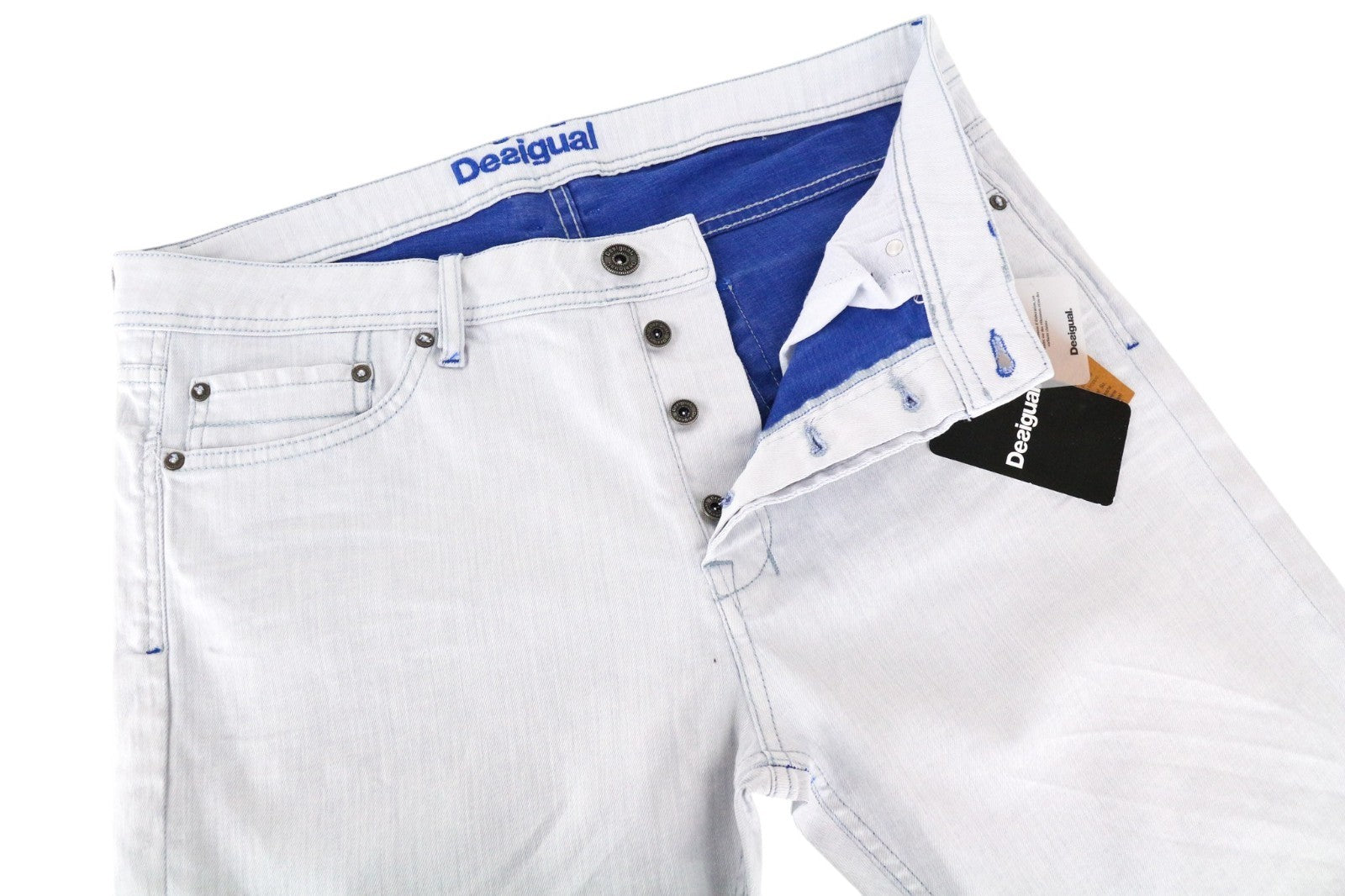 DESIGUAL Lucas Men Jeans W38 Slim Fit Wash Light Blue Cotton Stretch Button-Fly