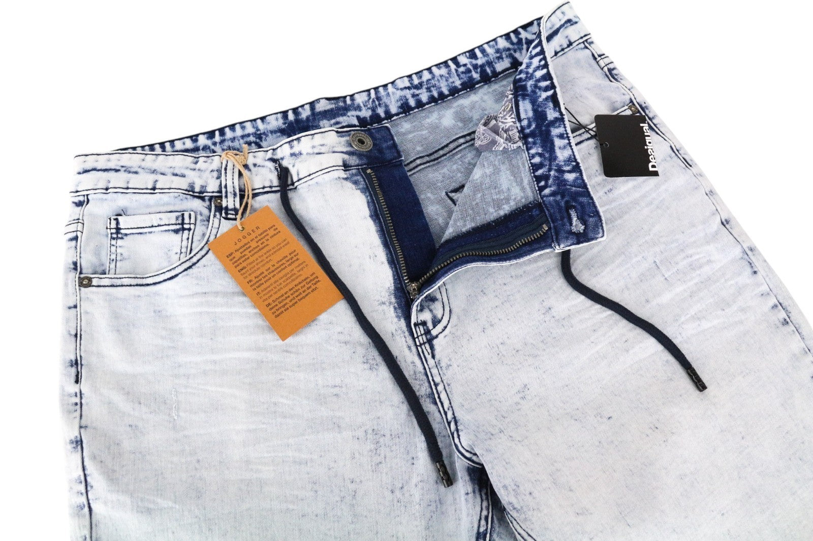 DESIGUAL Ares Men Jeans W36 Jogger Drawstrings Washed Blue Cotton Stretch