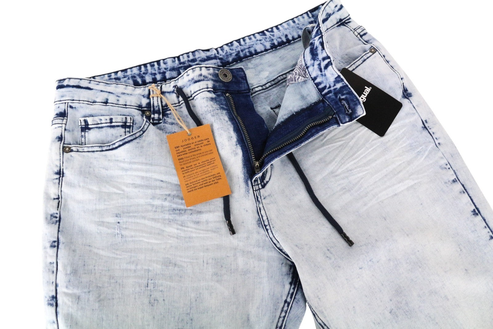 DESIGUAL Ares Men Jeans W36 Jogger Drawstrings Faded Blue Cotton Stretch