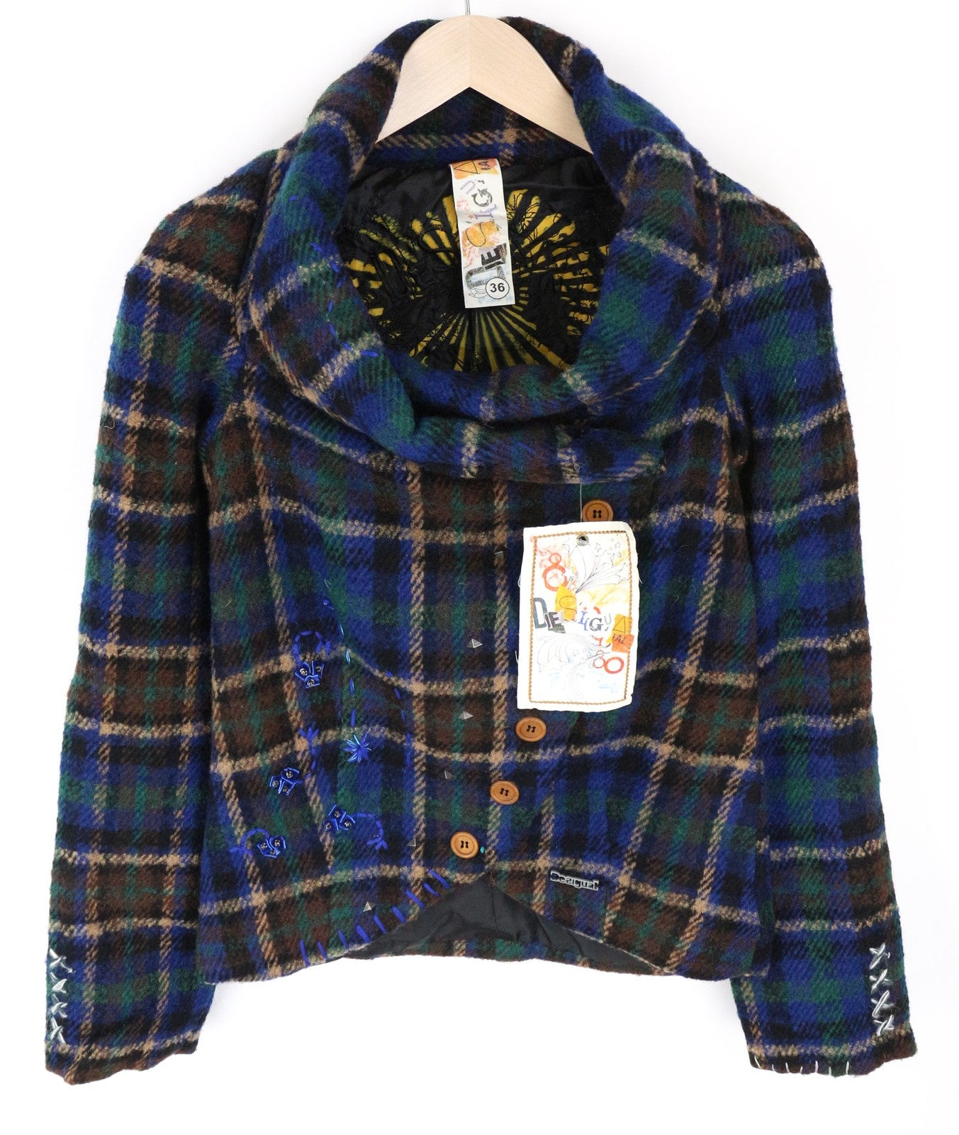 DESIGUAL Women Jacket 36 S Wool Blend Blue Checked Single-Breasted Long Sleeve