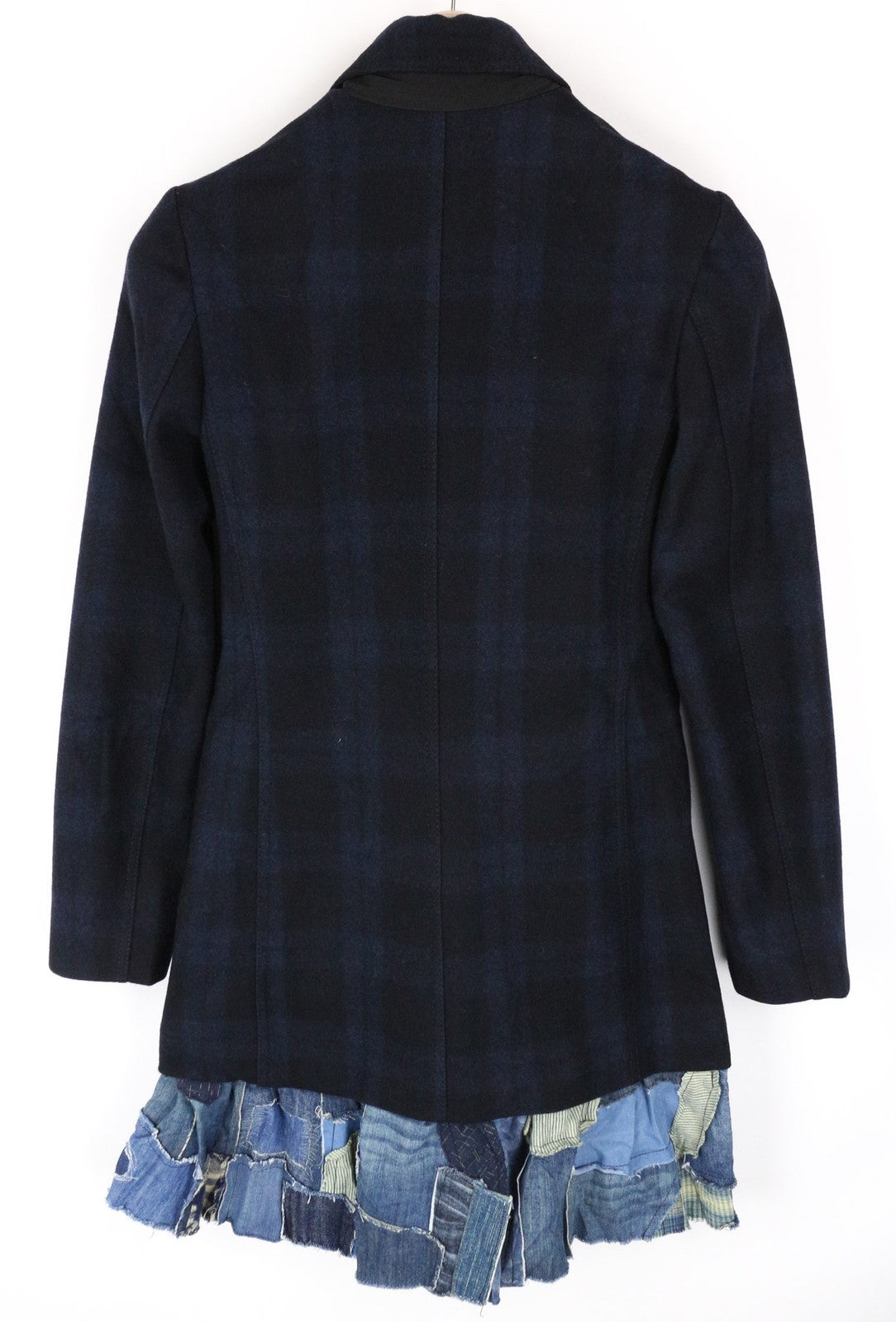 DESIGUAL Snowrobot Women Coat S Wool Cotton Blend Blue Navy Checked Long Sleeve