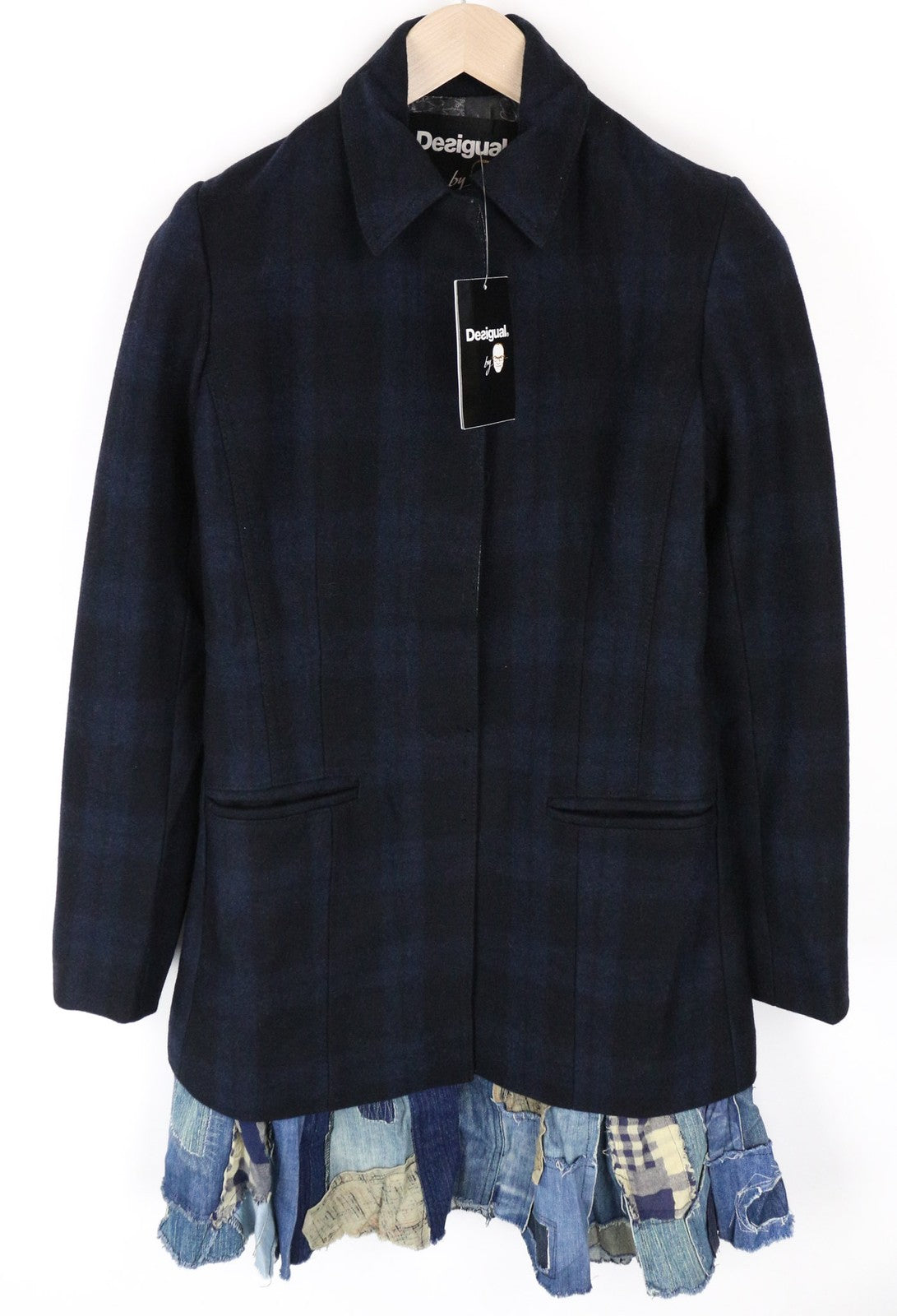 DESIGUAL Snowrobot Women Coat M Wool Cotton Blend Blue Navy Checked Pattern
