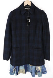 DESIGUAL Snowrobot Women Coat M Wool Cotton Blend Blue Navy Checked Pattern
