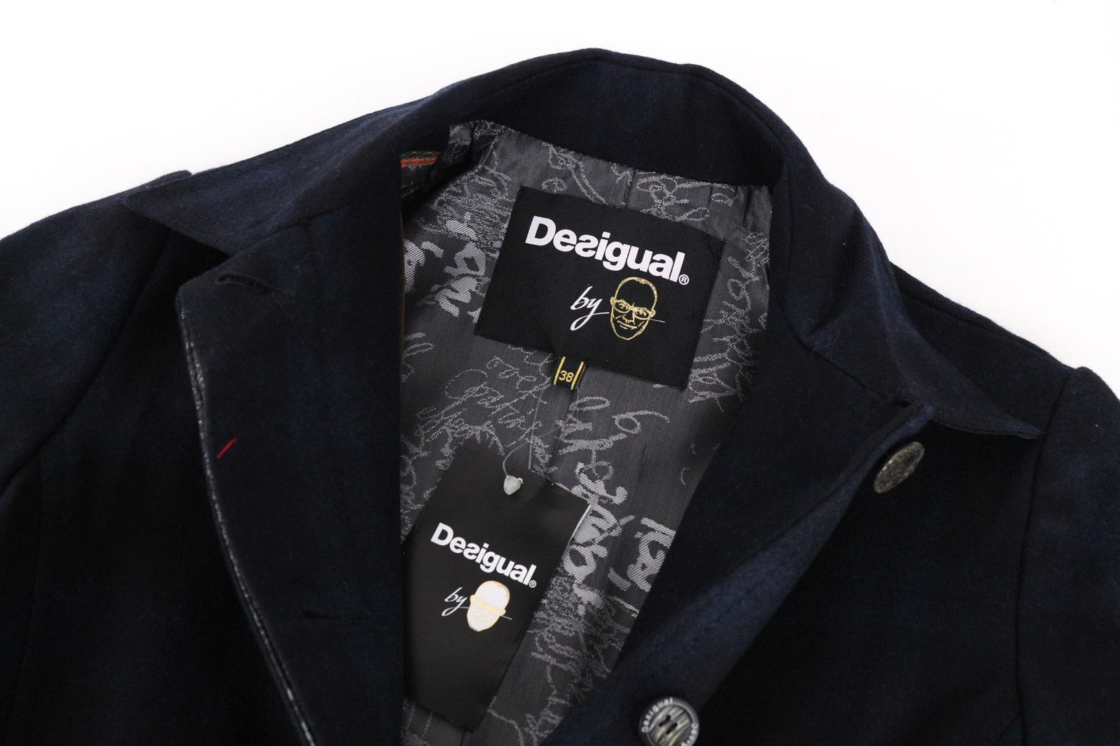 DESIGUAL Snowrobot Women Coat M Wool Cotton Blend Blue Navy Checked Pattern