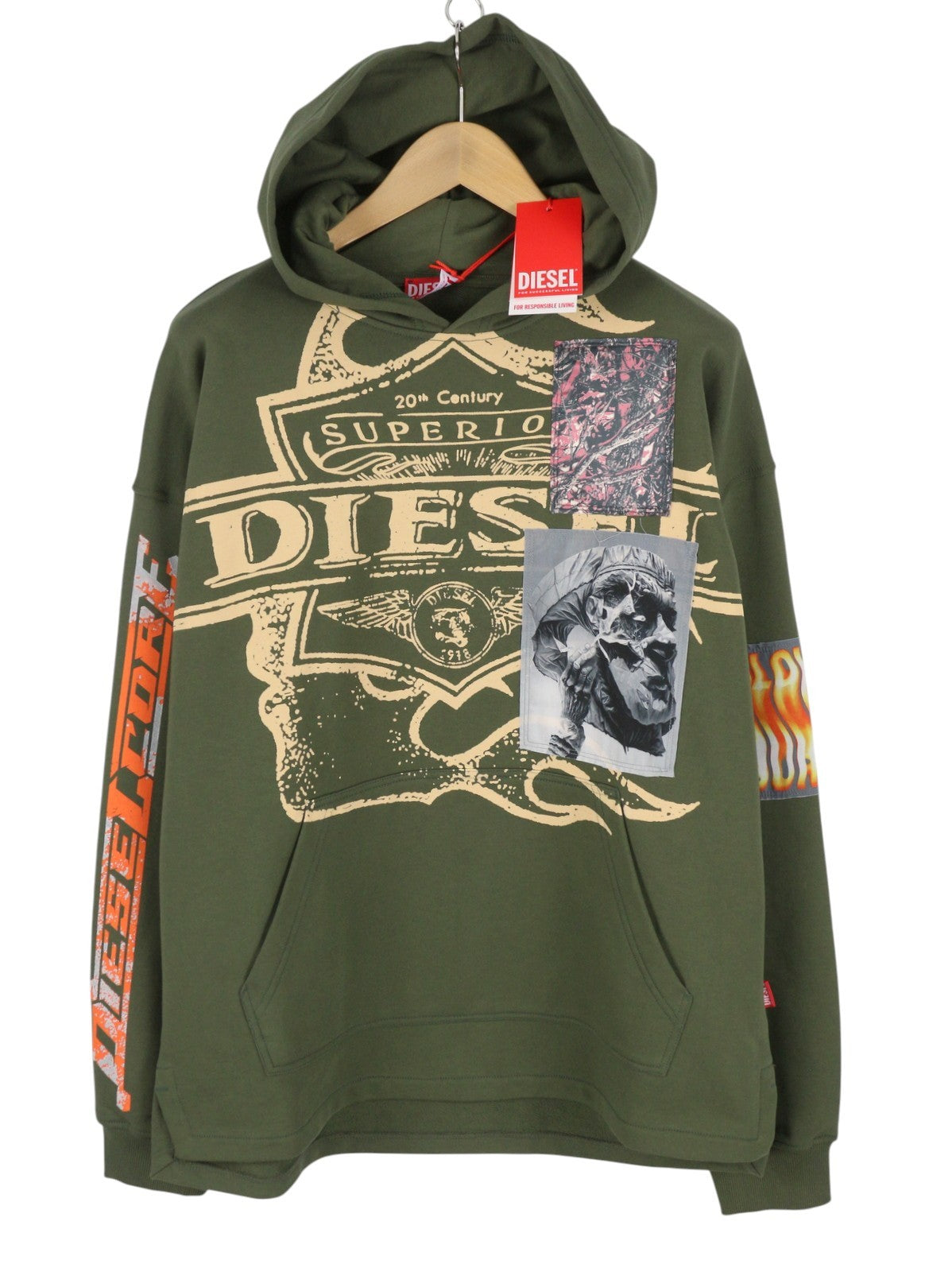 DIESEL S-Baxt-Hood-R1 Men Hoodie L Green Graphic Print Kangaroo Pocket RRP295