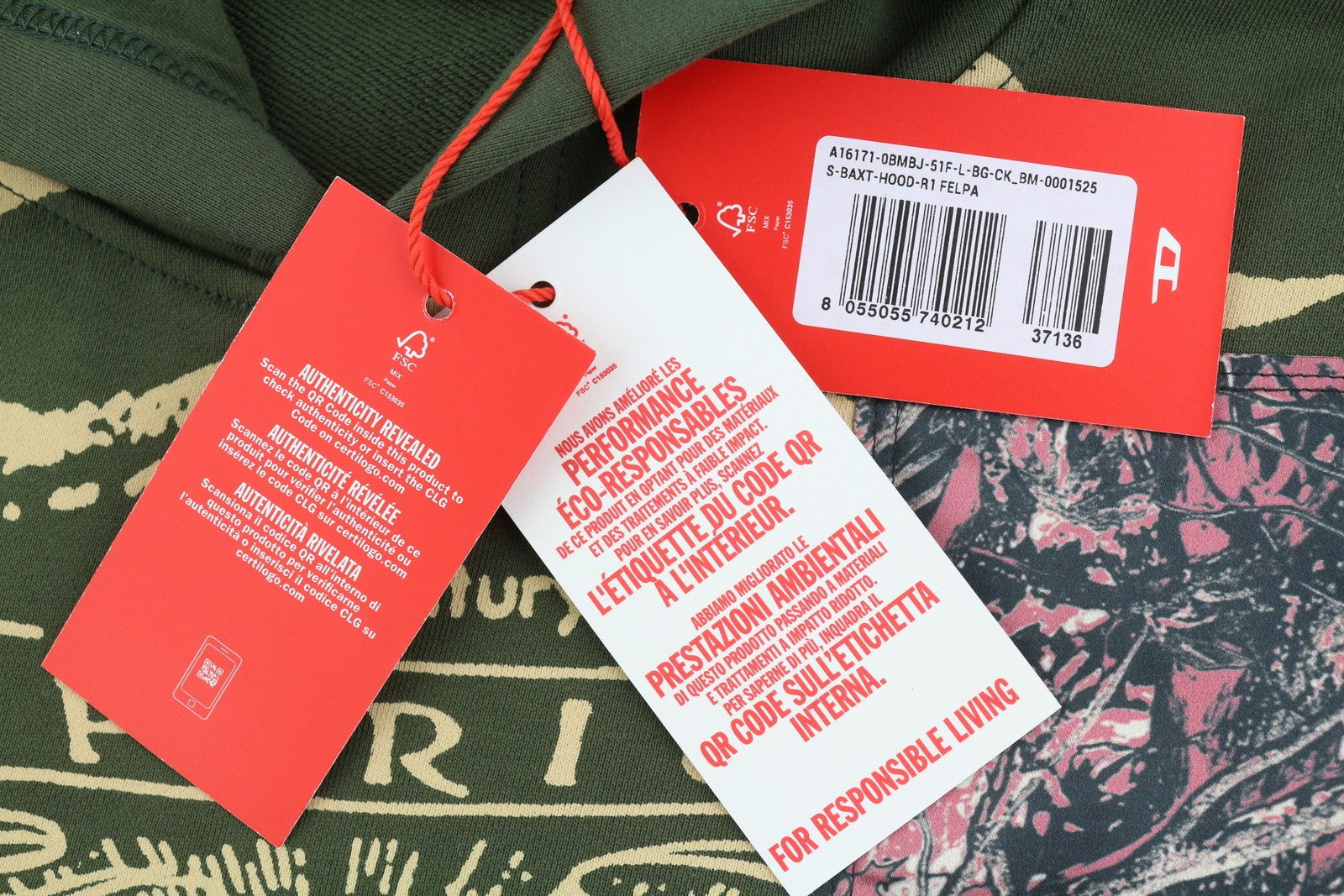DIESEL S-Baxt-Hood-R1 Men Hoodie L Green Graphic Print Kangaroo Pocket RRP295