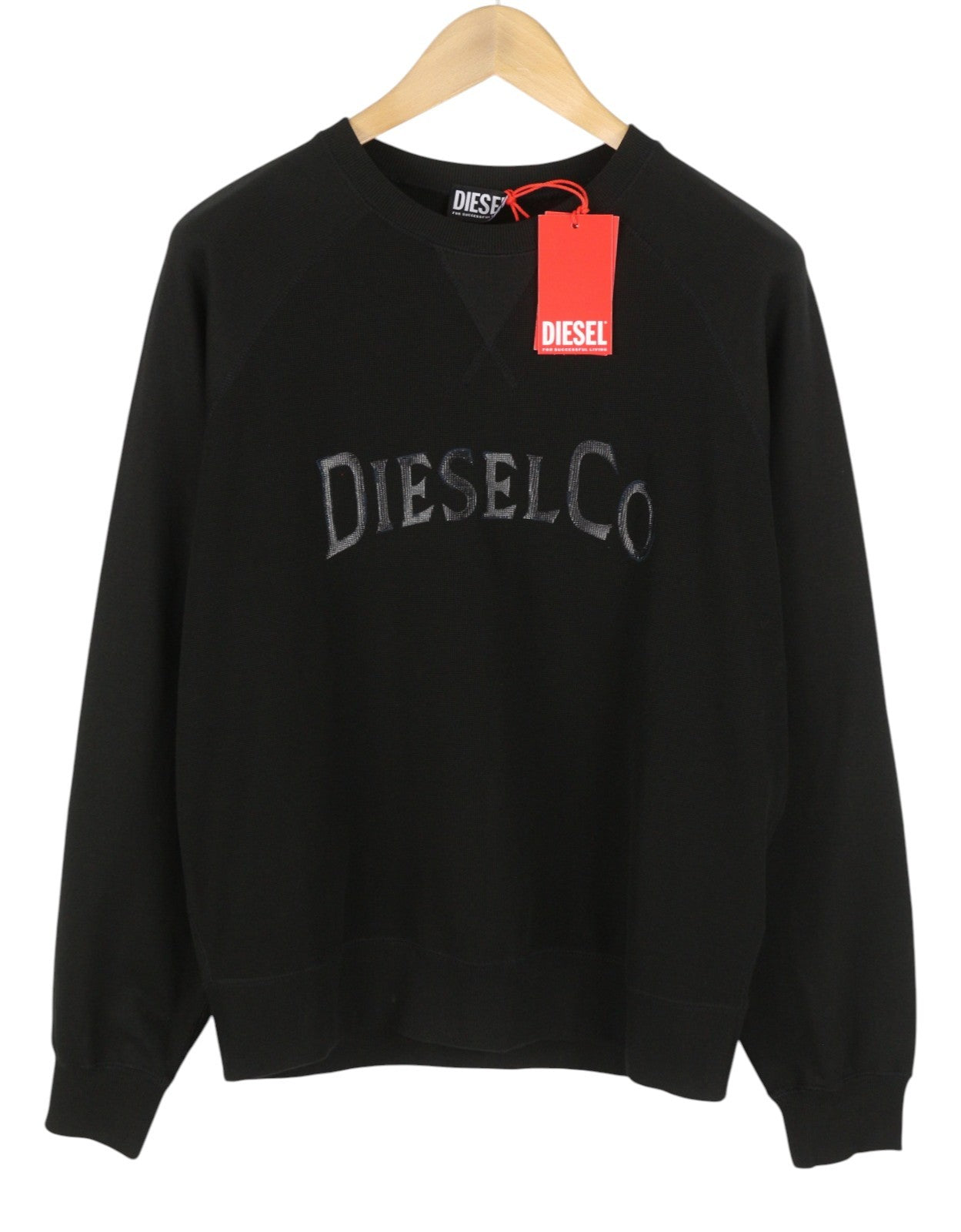 DIESEL S-Raglan-Waf Men Sweatshirt L Black Crew Neck Front Logo Pull On RRP175