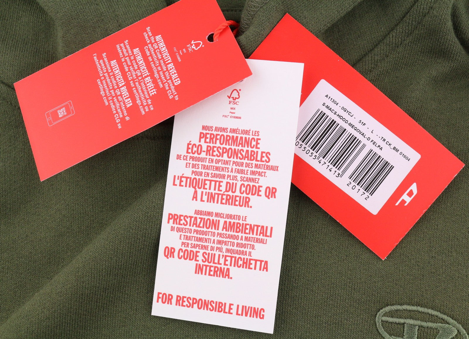 DIESEL S-Macs-Hood-Megoval-D Men Hoodie L Khaki Green Kangaroo Pocket RRP250