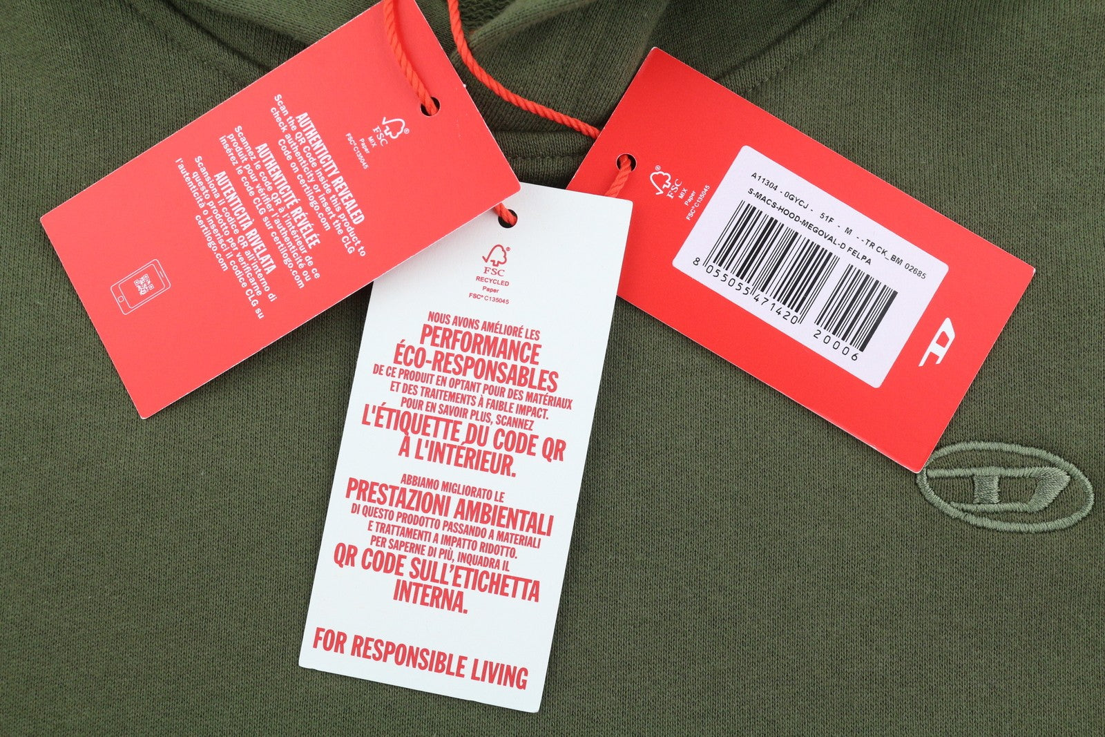 DIESEL S-Macs-Hood-Megoval-D Men Hoodie M Khaki Green Kangaroo Pocket RRP250
