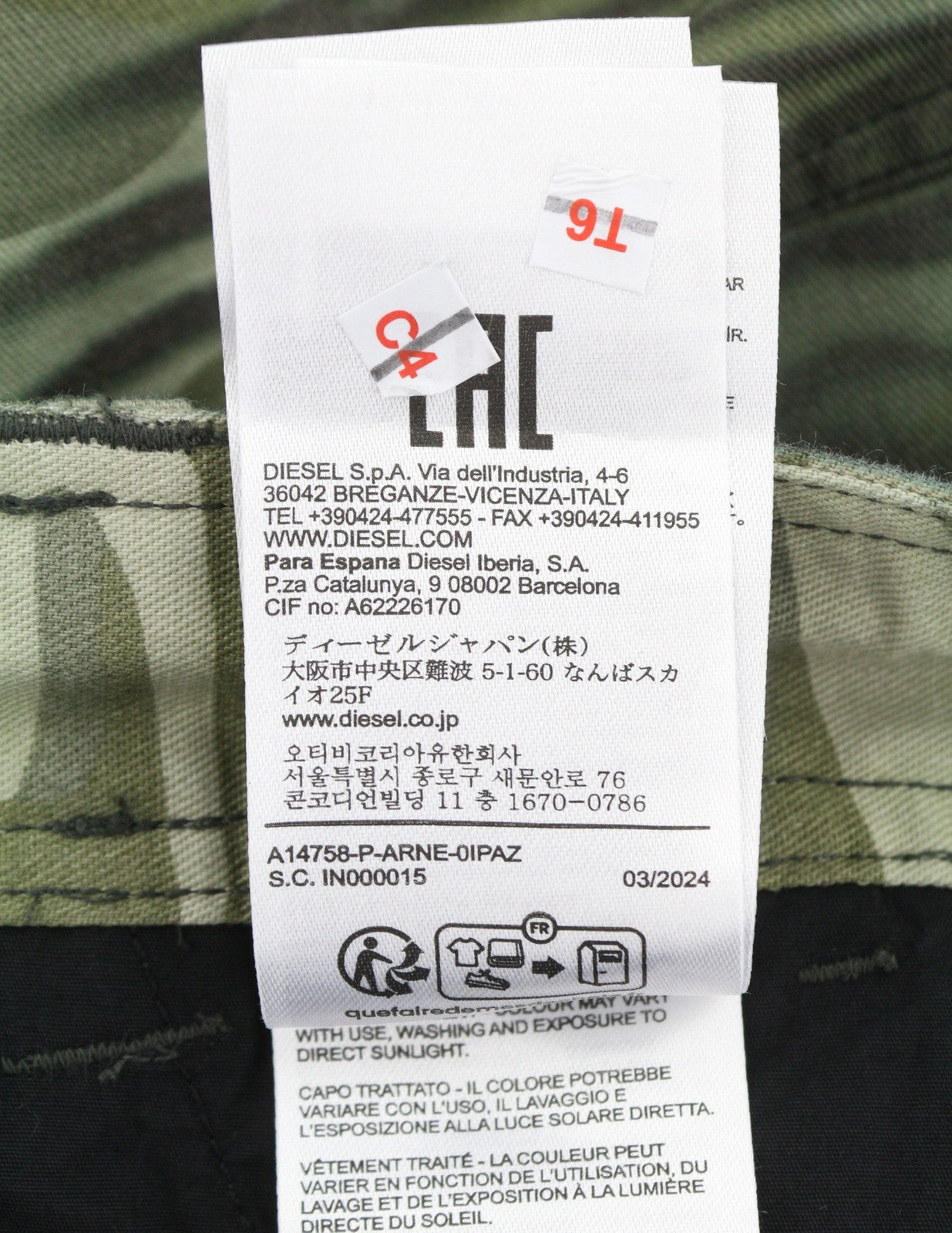 DIESEL P-Arne Men Trousers 52 W37 Khaki Camouflage Twill Cargo RRP375