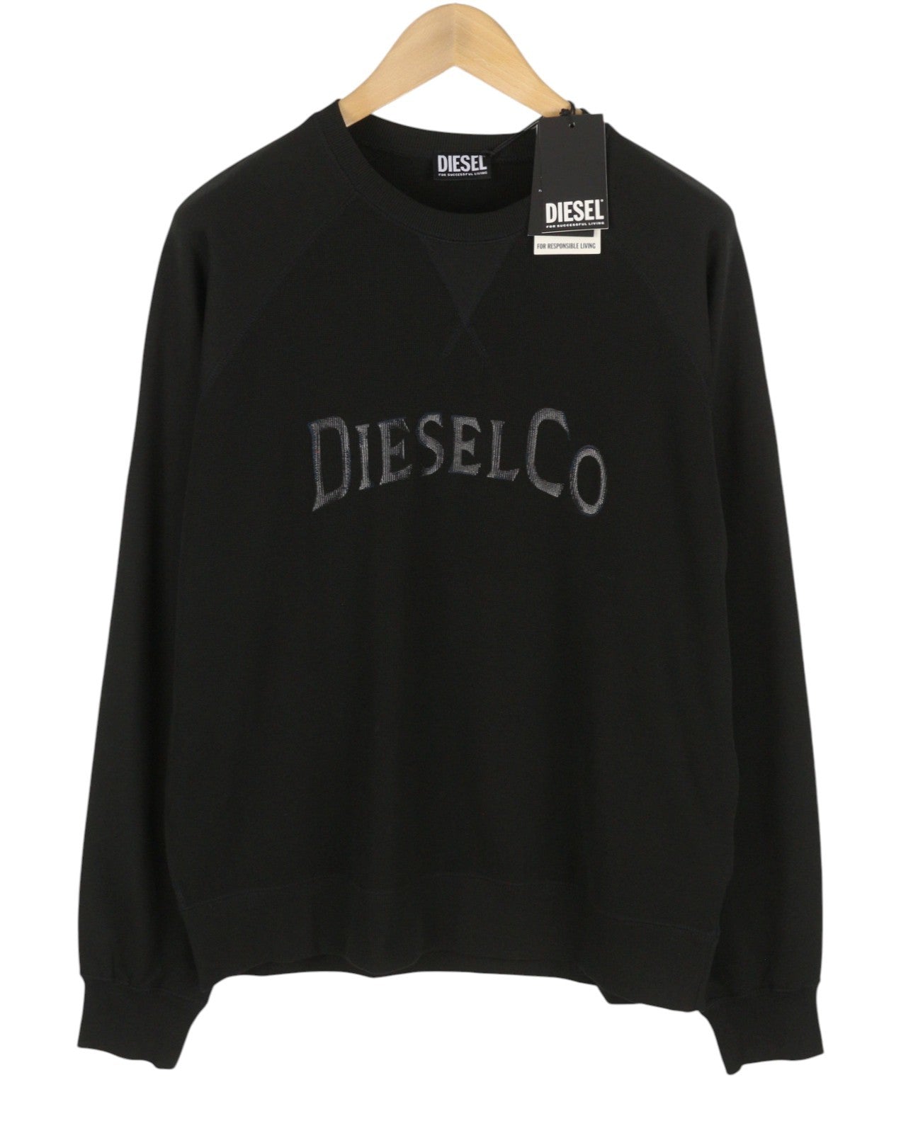 DIESEL S-Raglan-Waf Men Sweatshirt L Black Crew Collar Front Logo Pull On RRP175