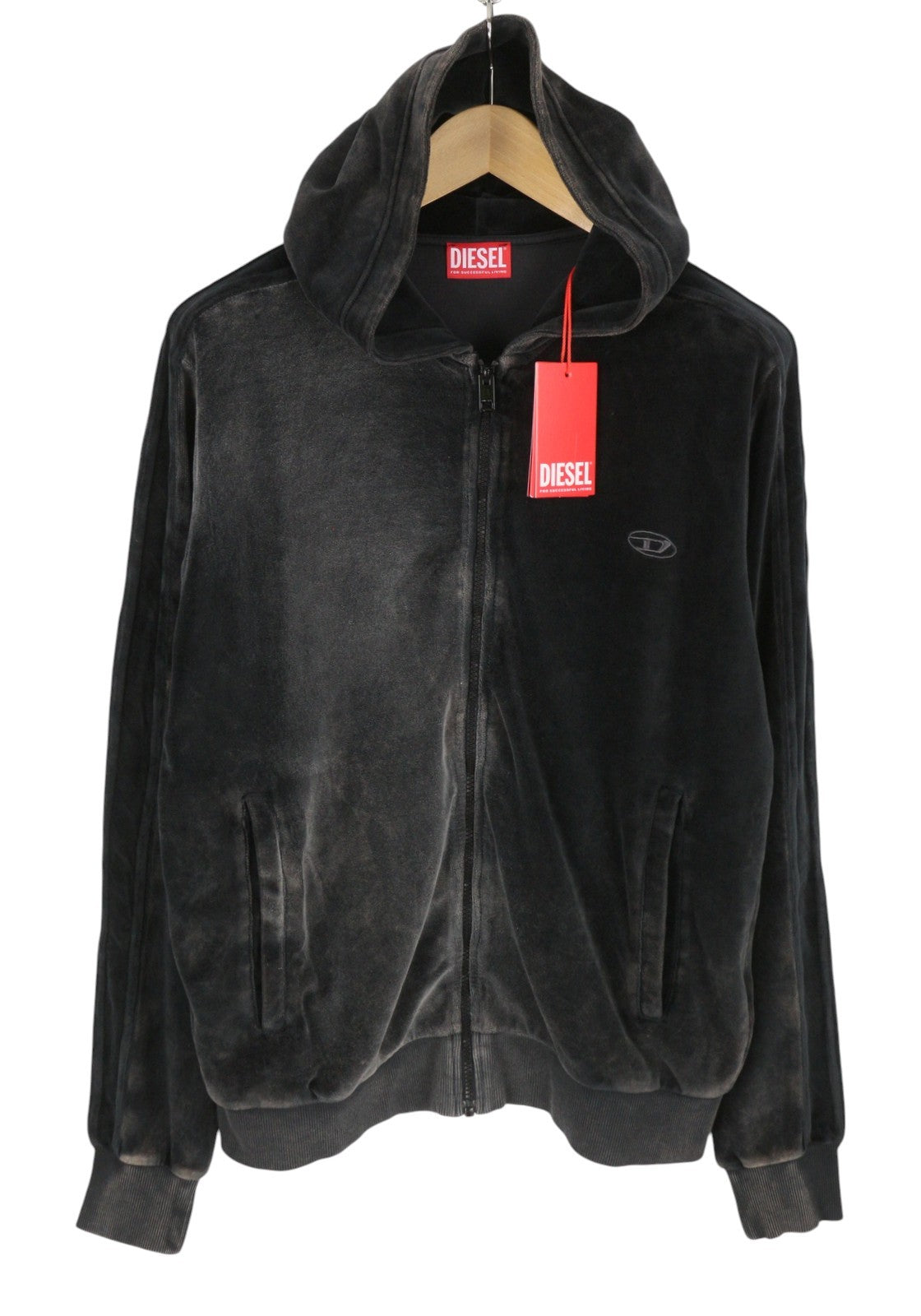 DIESEL S-Oclock Men Hoodie L Black Acid Wash Chenille Zip Up RRP325