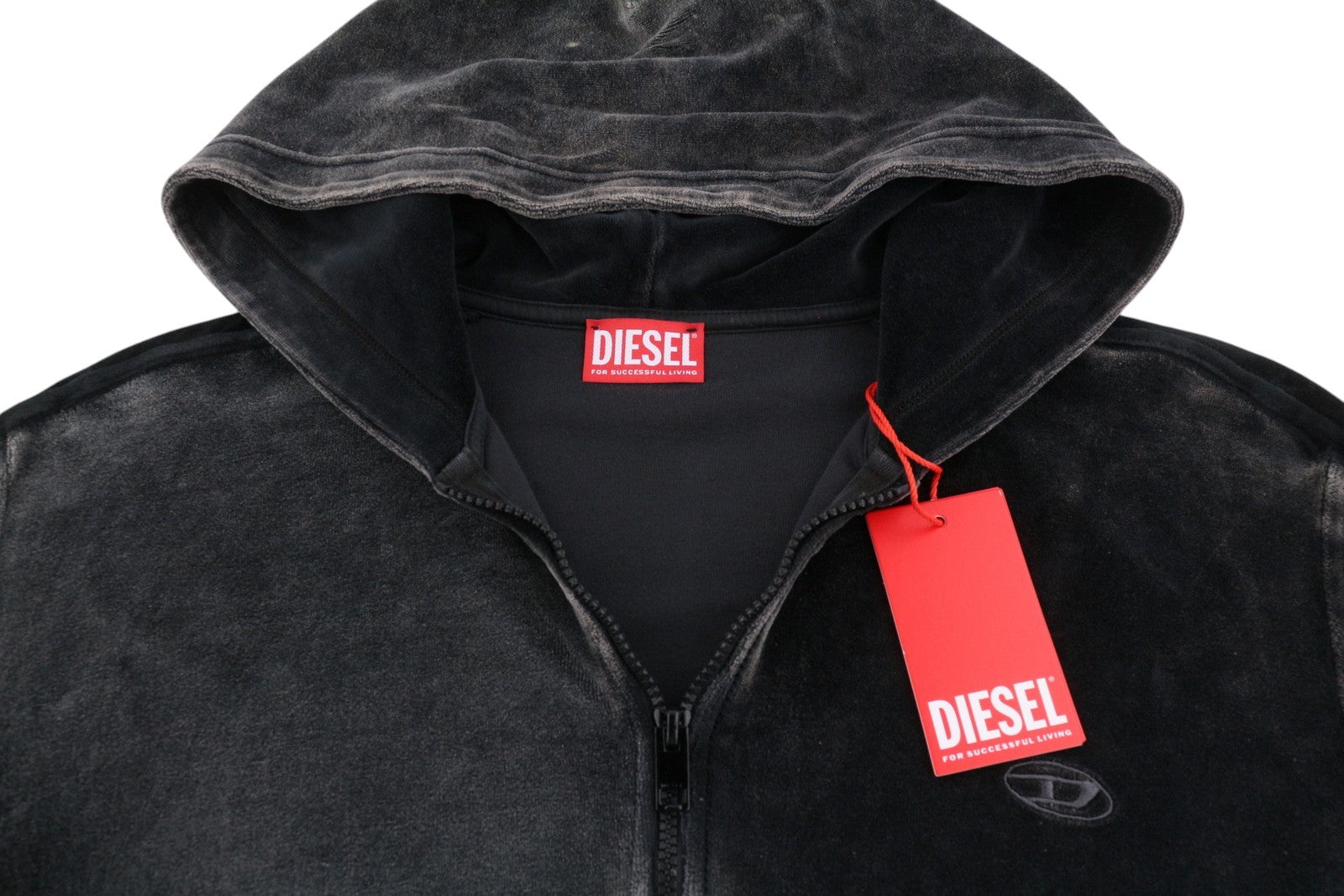 DIESEL S-Oclock Men Hoodie XL Black Acid Wash Chenille Zip Up RRP325