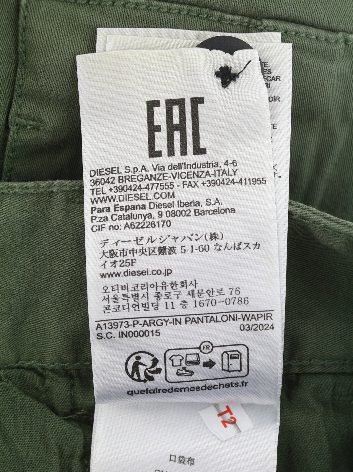 DIESEL P-Argy-In Men Trousers 50 W34 Khaki Green Cargo Zip Fly RRP195
