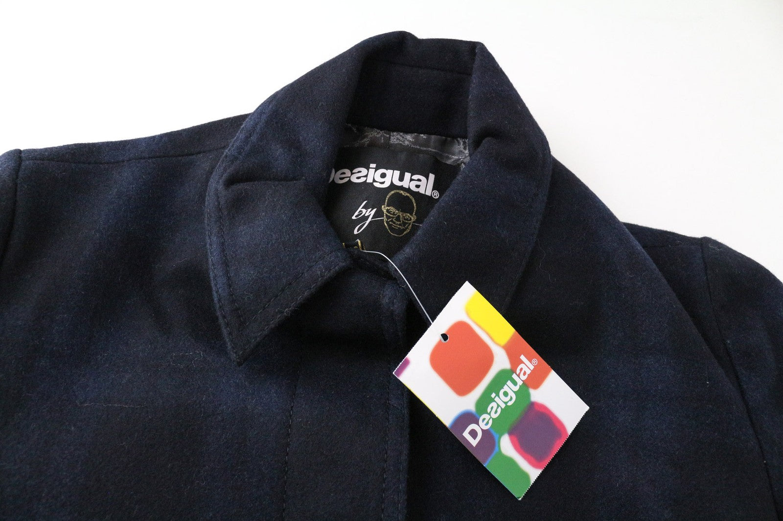 DESIGUAL Snow Robot Women Coat M Woolen Mid-Length Navy Blue Tartan Check