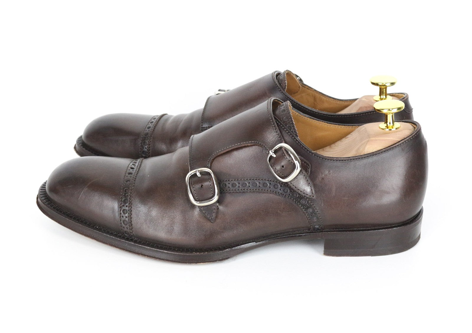 SUITSUPPLY Men Formal Shoes EU40 Double Monk Strap Brogue Brown Calf Leather