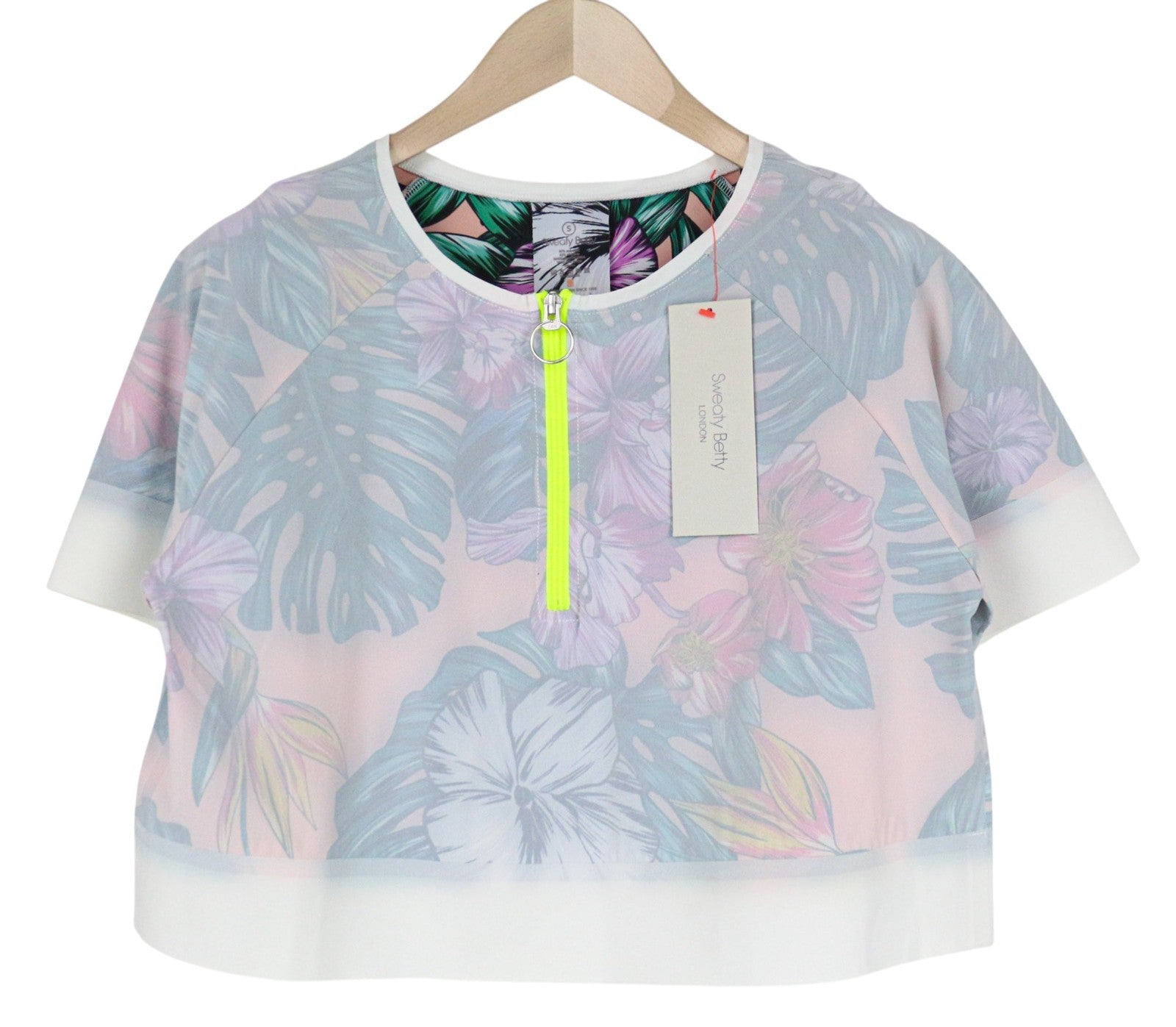 SWEATY BETTY Tournament Tennis Women T-Shirt M Off-White Crop Flower Patterns
