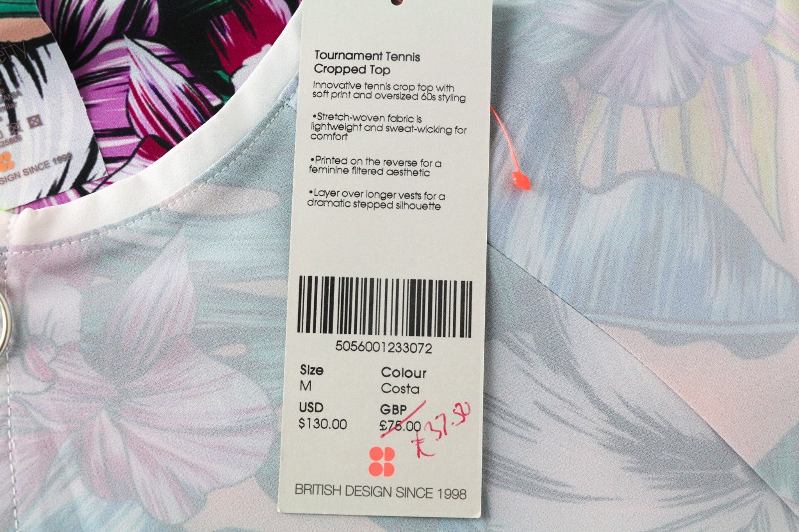 SWEATY BETTY Tournament Tennis Women T-Shirt M Off-White Crop Flower Patterns