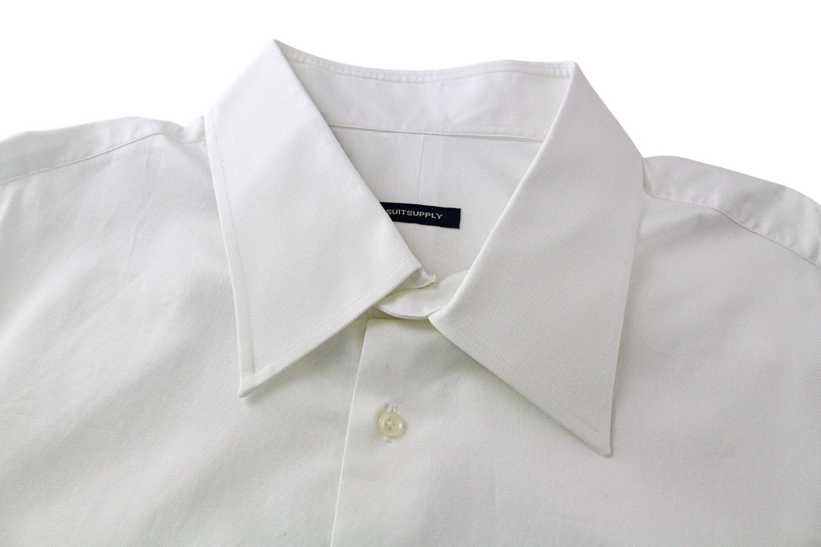SUITSUPPLY Men Shirt 50/19 3/4 White Pure Cotton Long Sleeved Button-Up Twill