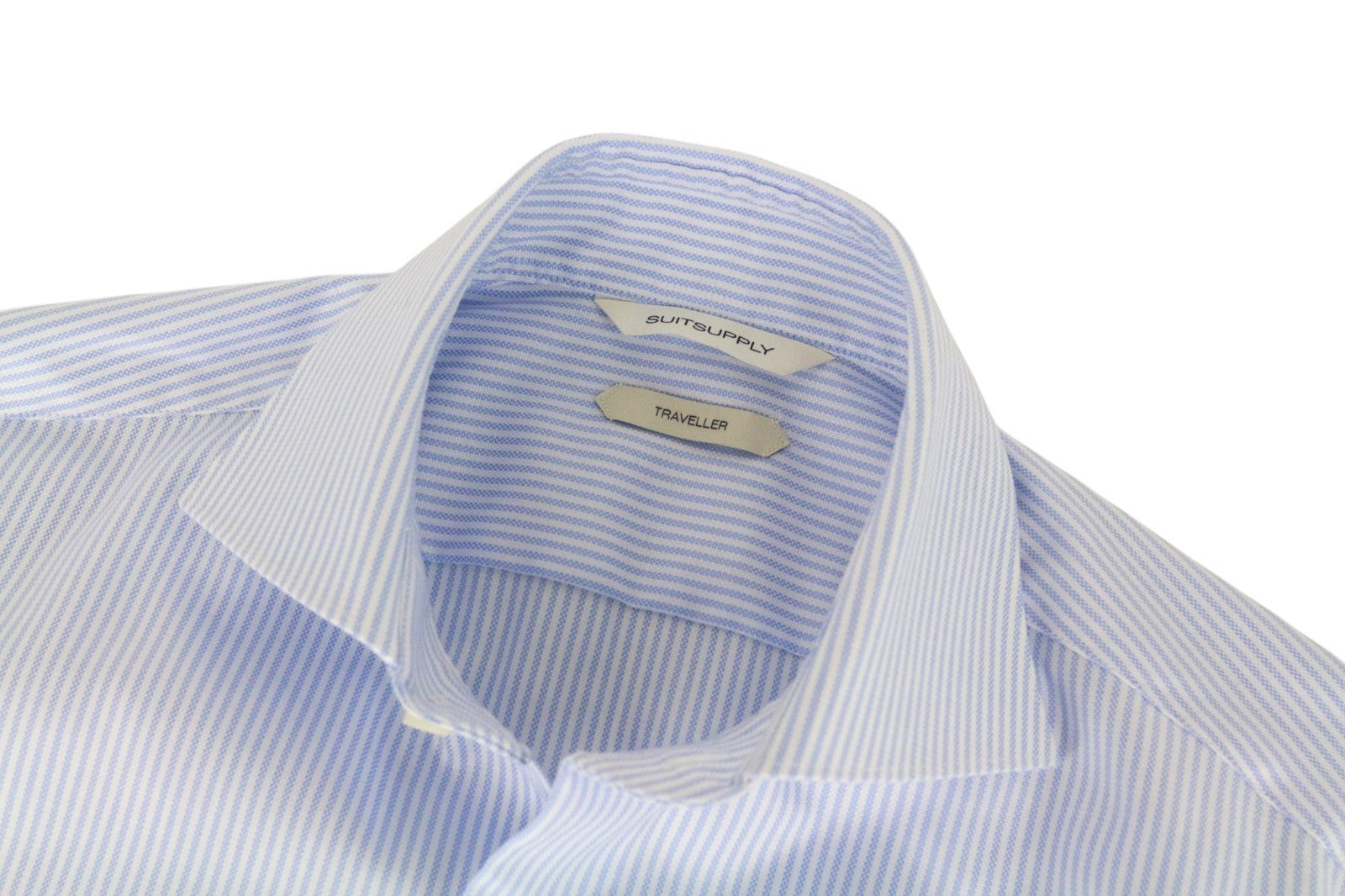SUITSUPPLY Traveller Men Shirt 37L Slim Blue Pure Cotton Striped Patterns