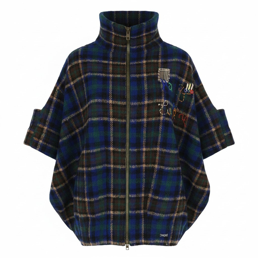 DESIGUAL Women Jacket S Blue Green Wool Blend Checked Short Sleeved Zipped