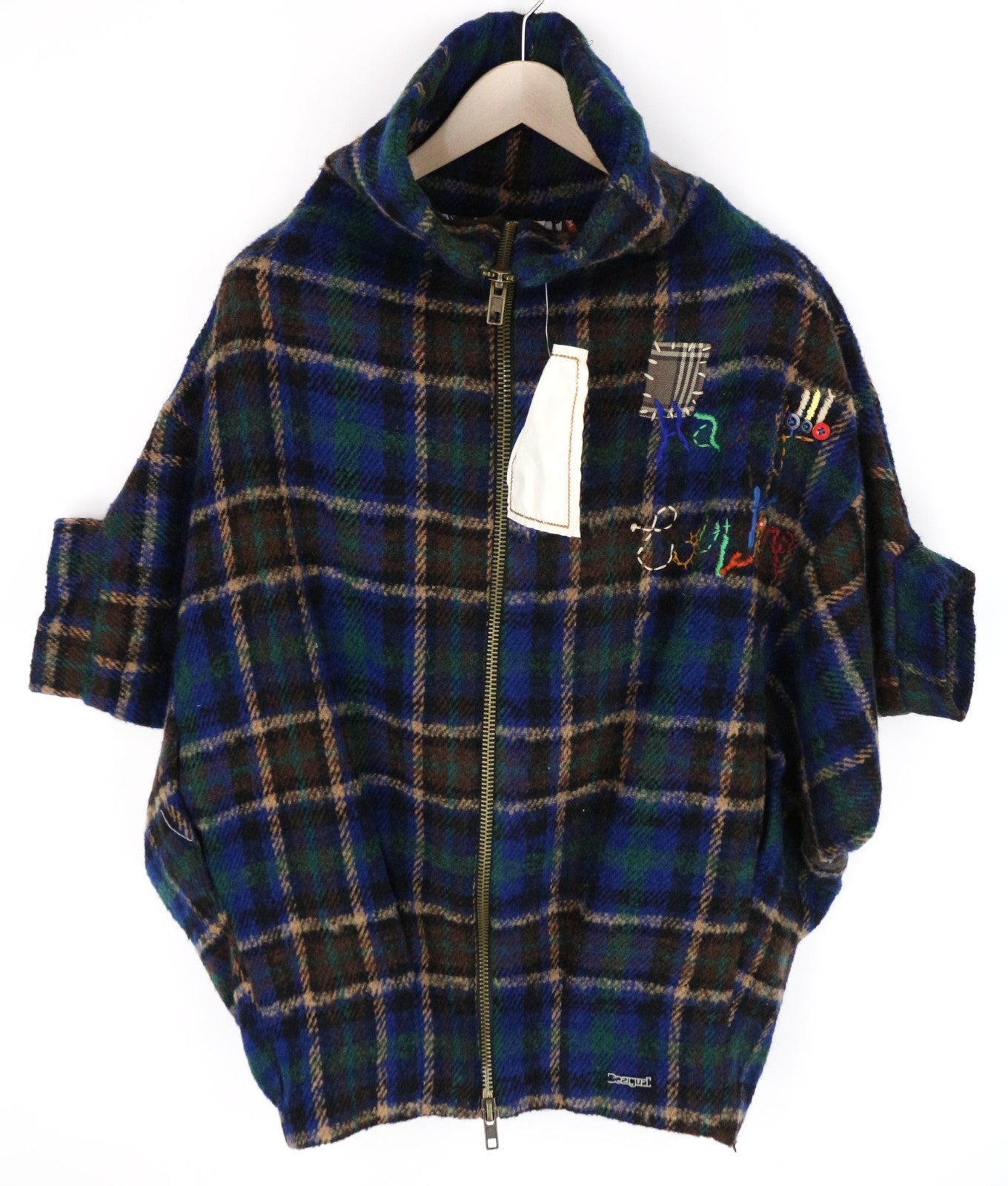 DESIGUAL Women Jacket S Blue Green Wool Blend Checked Short Sleeved Zipped