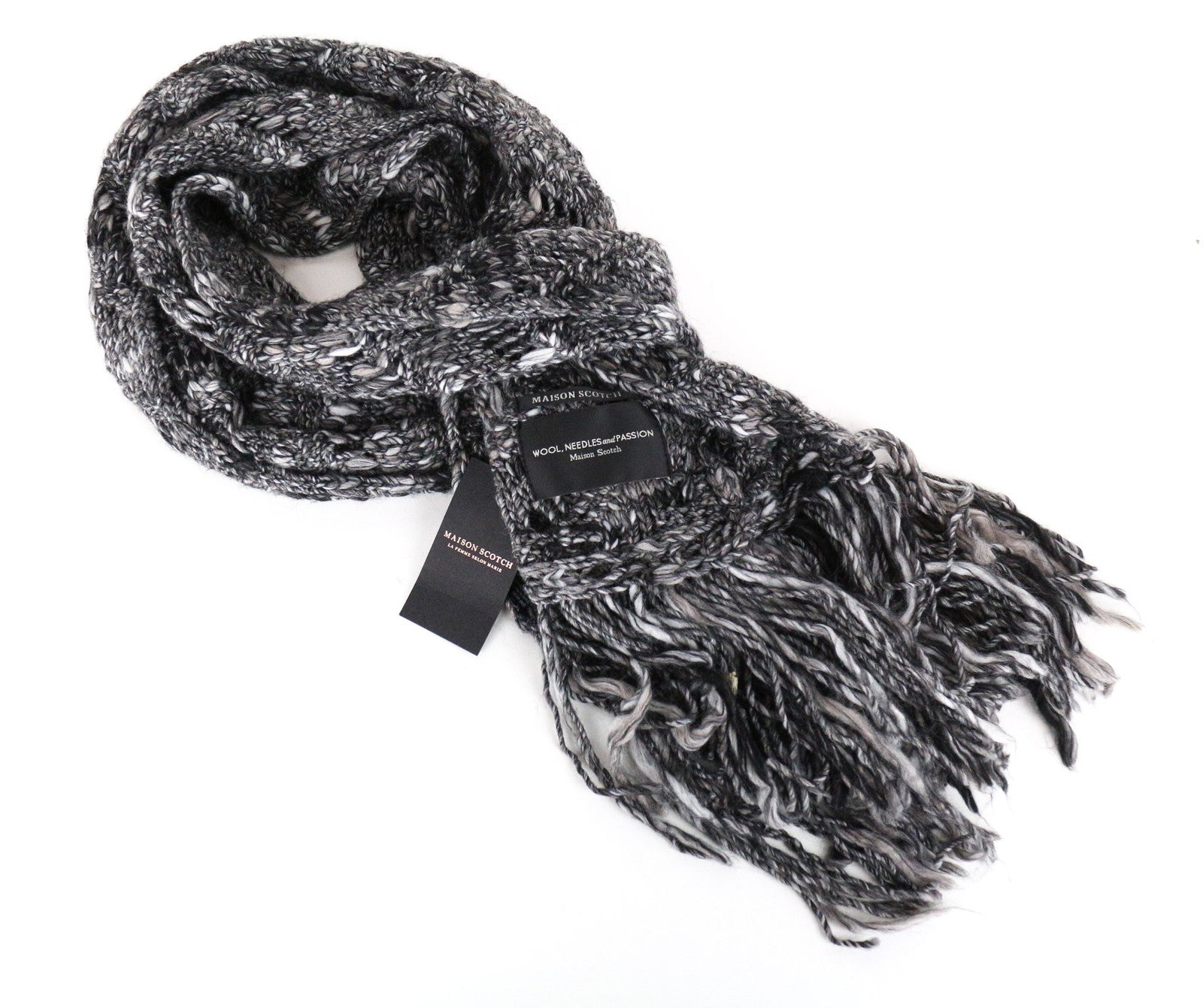 MAISON SCOTCH Women Scarf OS Grey Melange Knitted Warm Winter Tassels