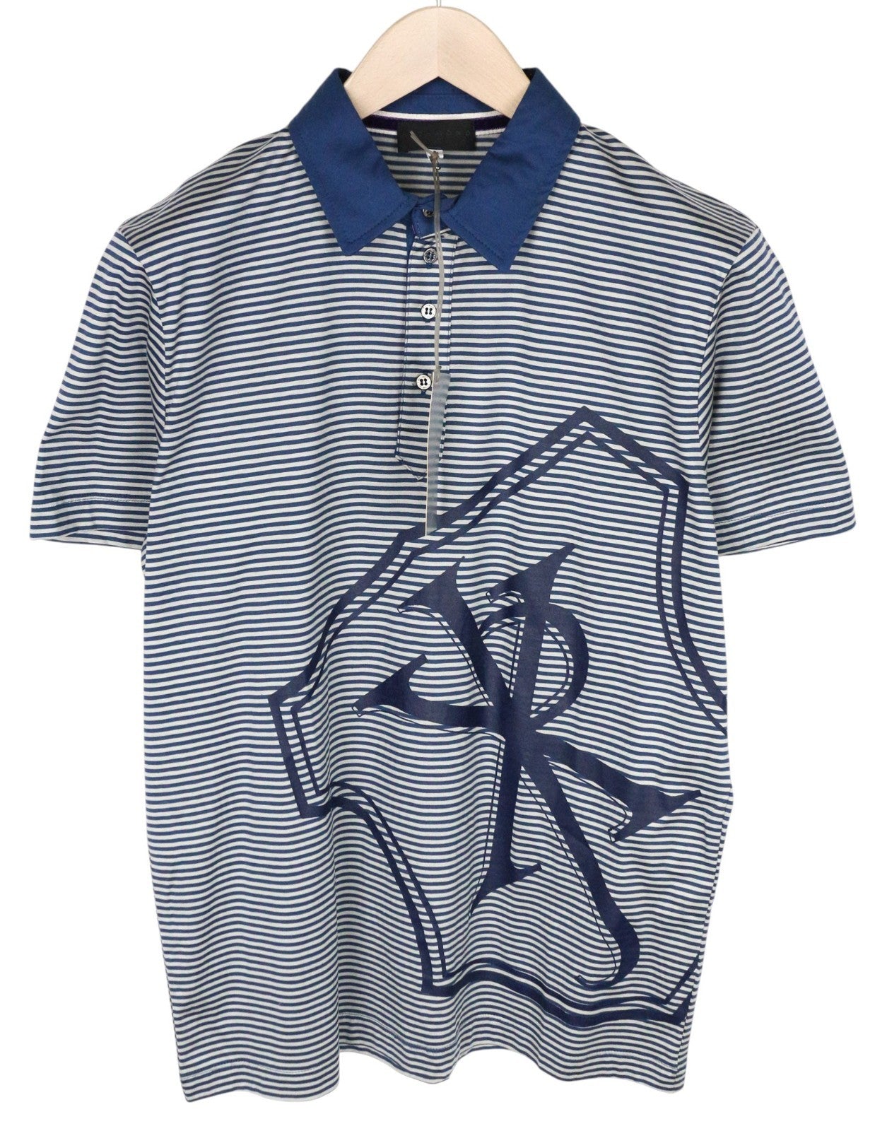 RICHMOND Men T-Shirt L Blue Pure Cotton Striped Short Sleeve Polo