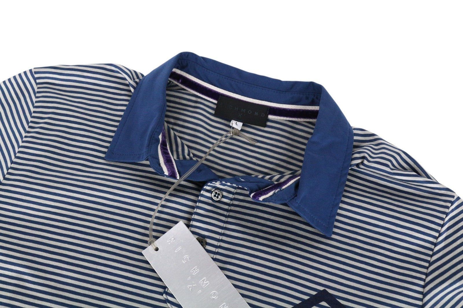 RICHMOND Men T-Shirt L Blue Pure Cotton Striped Short Sleeve Polo