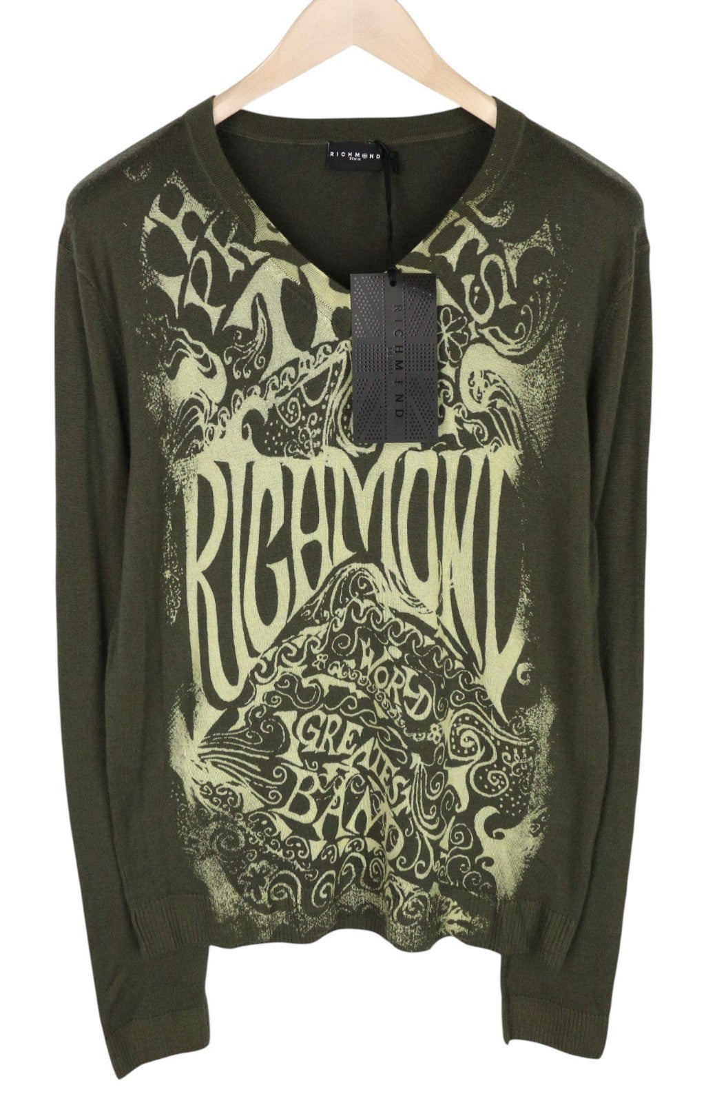 RICHMOND Men Sweatshirt L Green Pure Wool Long Sleeved Logo Pullover