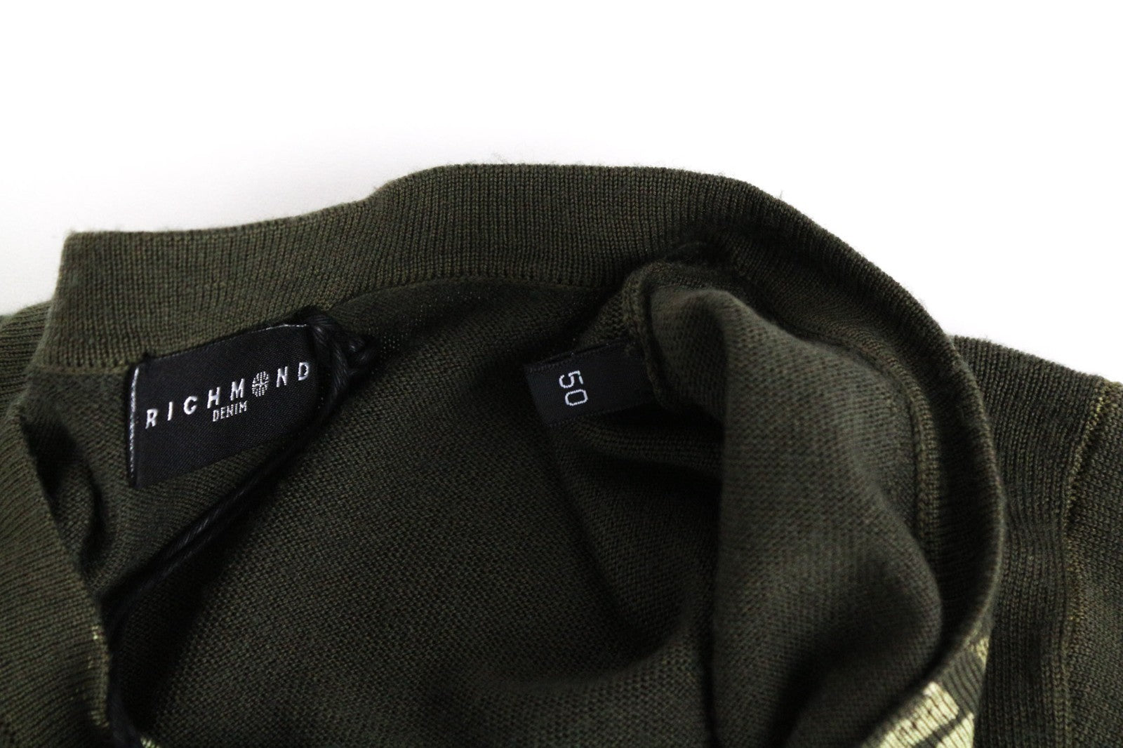RICHMOND Men Sweatshirt L Green Pure Wool Long Sleeved Logo Pullover