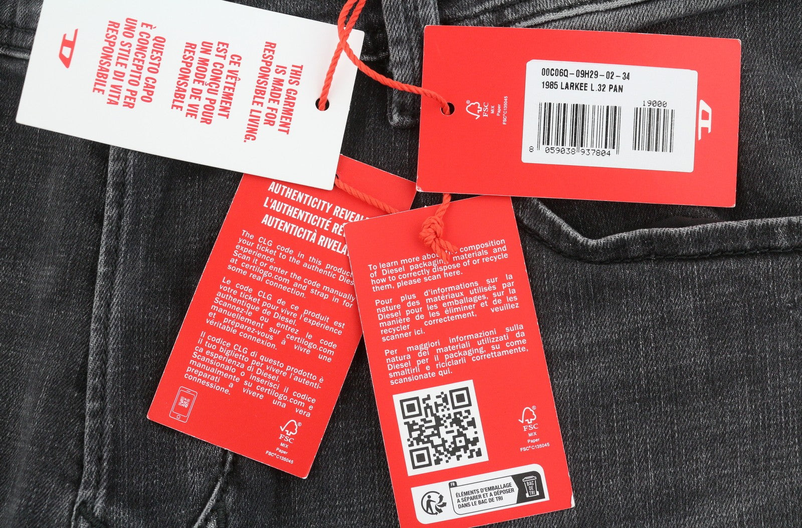DIESEL 1985 Larkee 09H29 Men Jeans W34/L32 Black Whiskers Faded Regular Straight