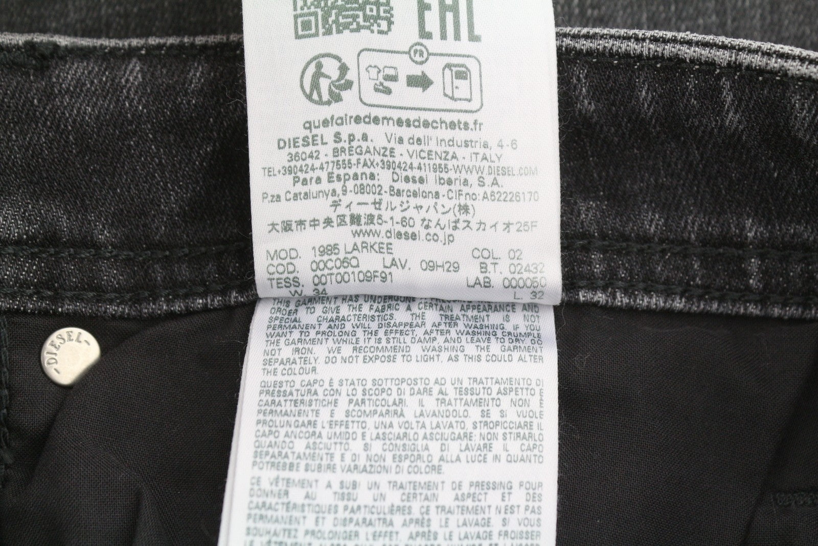DIESEL 1985 Larkee 09H29 Men Jeans W34/L32 Black Whiskers Faded Regular Straight