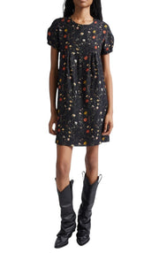 R13 Raglan Sleeve Babydoll Lined Women Dress XS Black Wool Silk Floral RRP1299