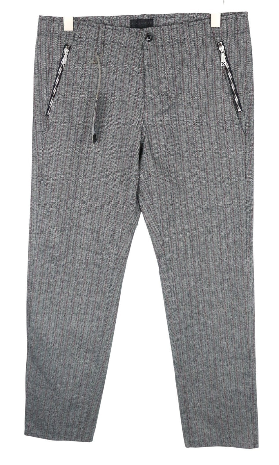 RICHMOND Men Trousers 48 W37 Grey Pure Cotton Striped Pattern Button-Fly