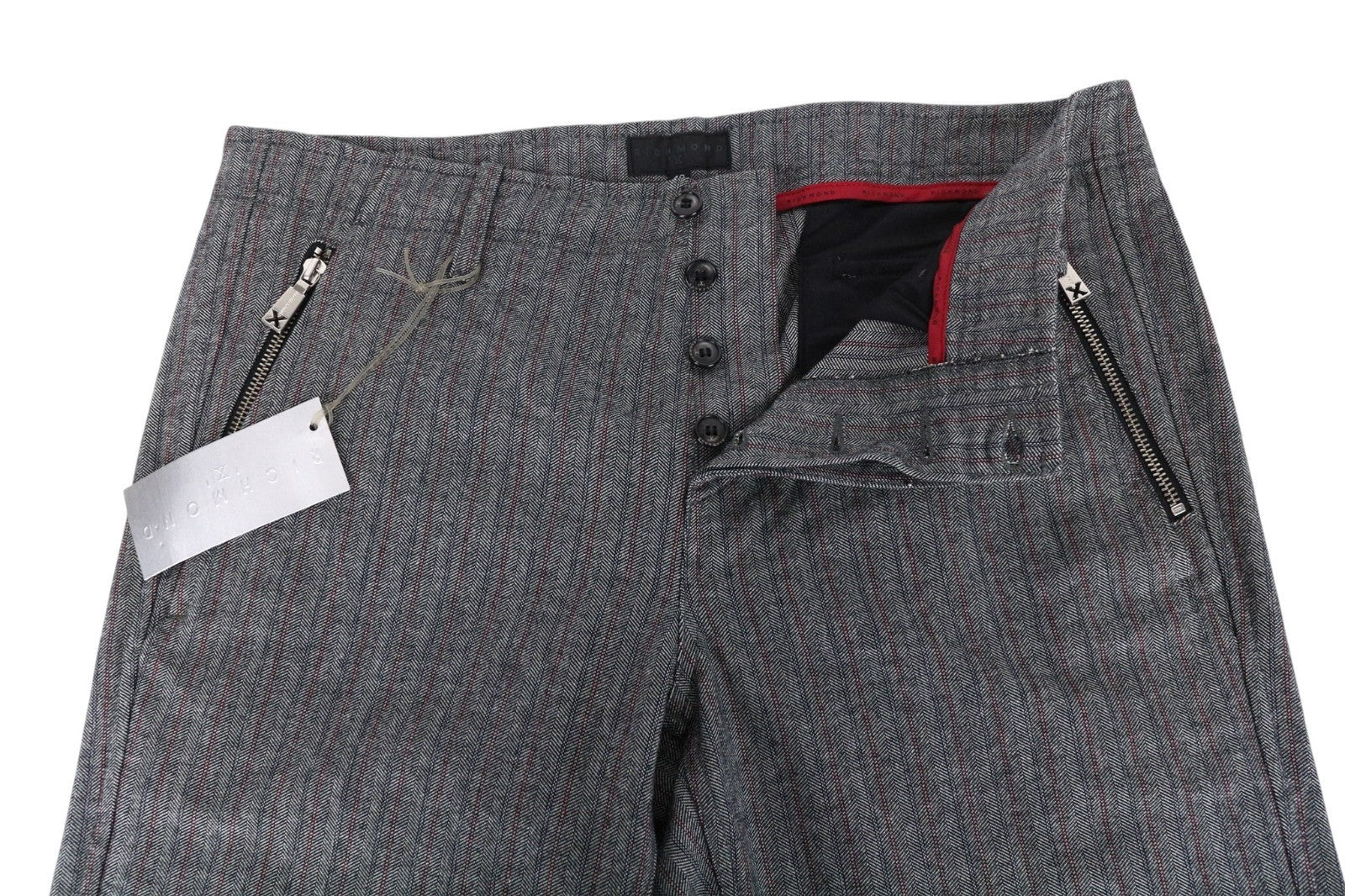 RICHMOND Men Trousers 48 W37 Grey Pure Cotton Striped Pattern Button-Fly