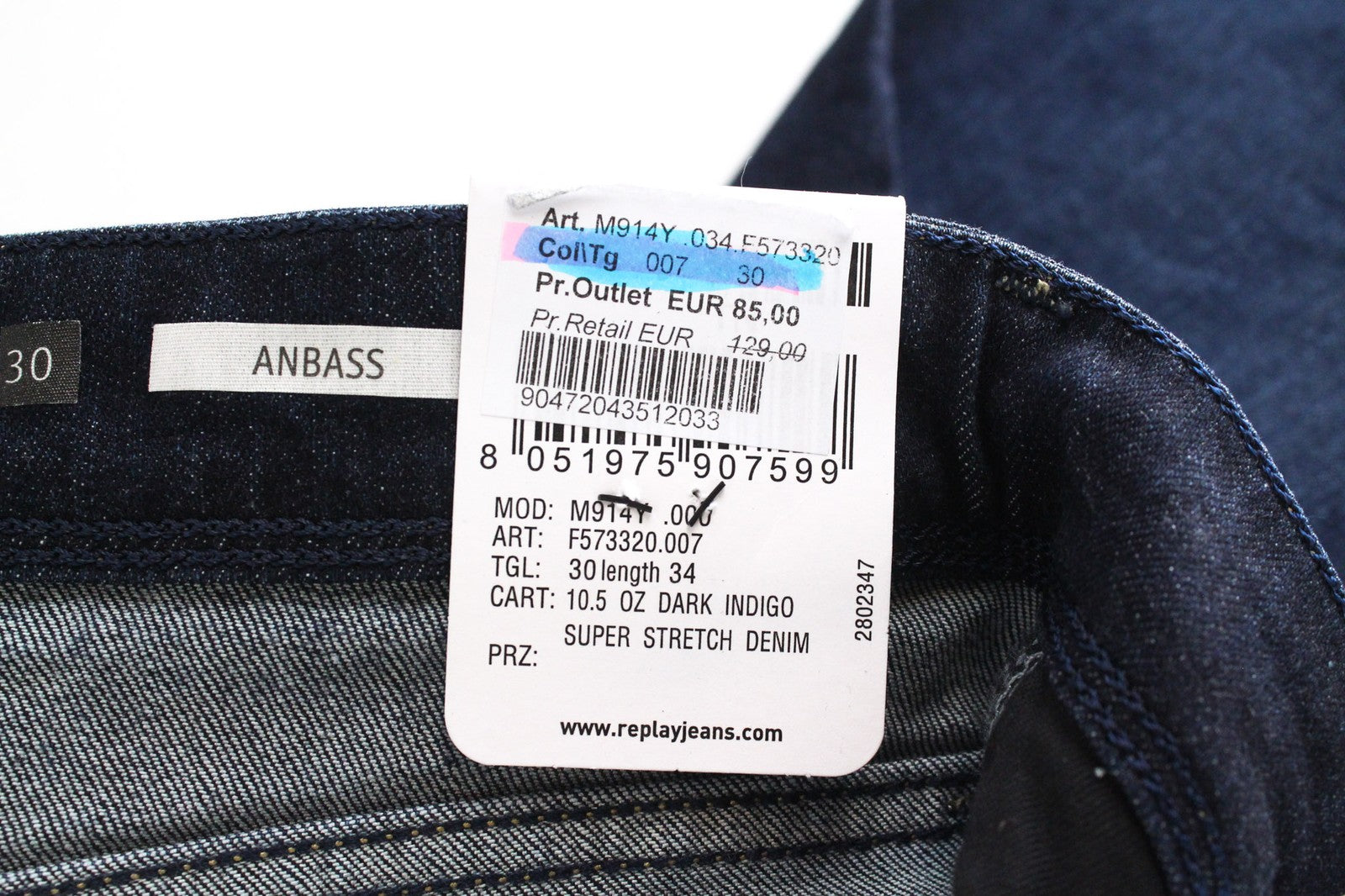 REPLAY Anbass Men Jeans W30/L34 Dark Blue Slim Tapered Super Stretch Zip-Fly