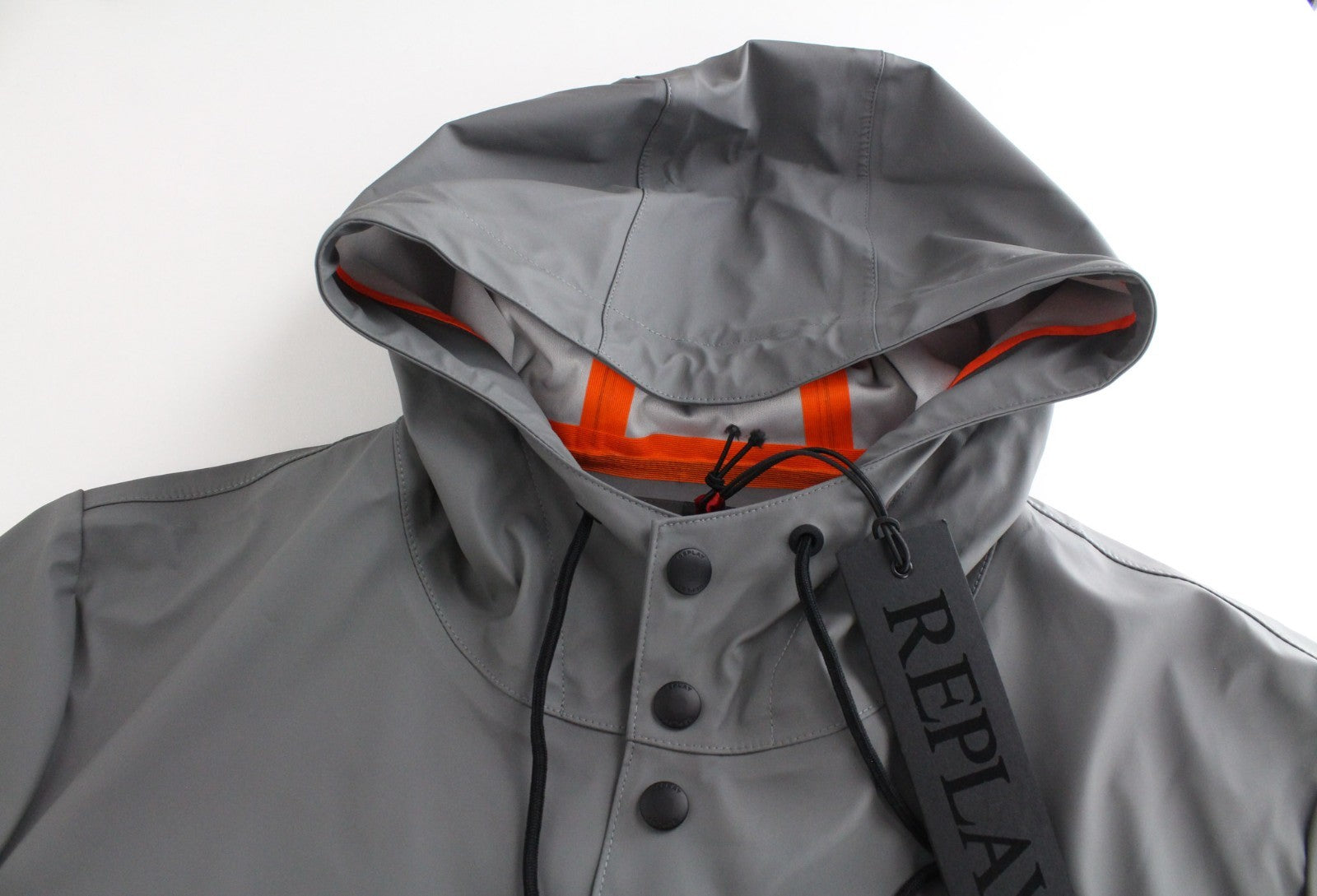 REPLAY Men Jacket L Grey Rubber Coated Unlined Taped Seams Mid-Length Hooded
