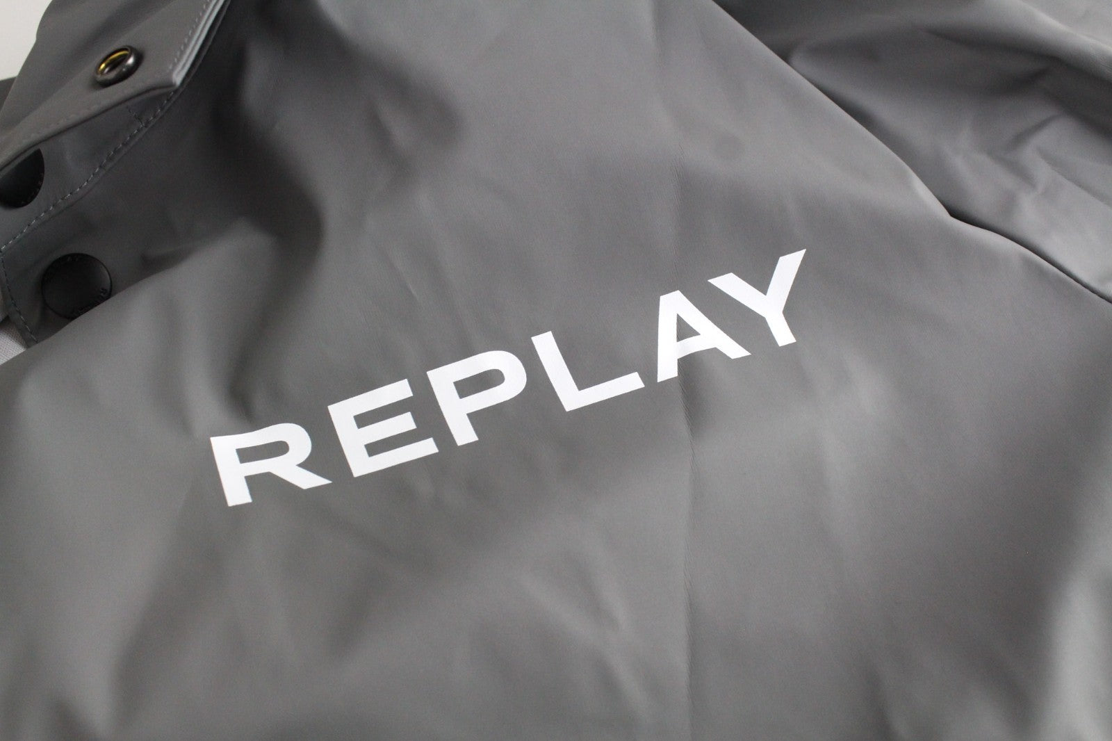 REPLAY Men Jacket L Grey Rubber Coated Unlined Taped Seams Mid-Length Hooded