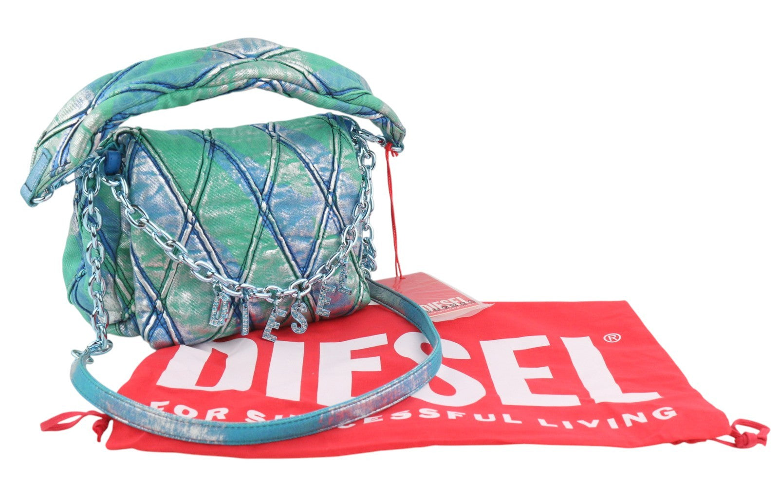 DIESEL Charm-D Shoulder Women Bag OS Blue Shiny Quilted Pop Colour Denim RRP635
