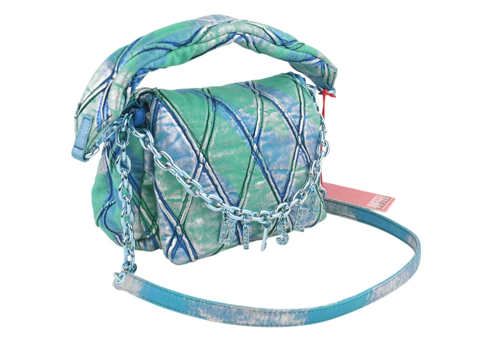 DIESEL Charm-D Shoulder Women Bag OS Blue Shiny Quilted Pop Colour Denim RRP635