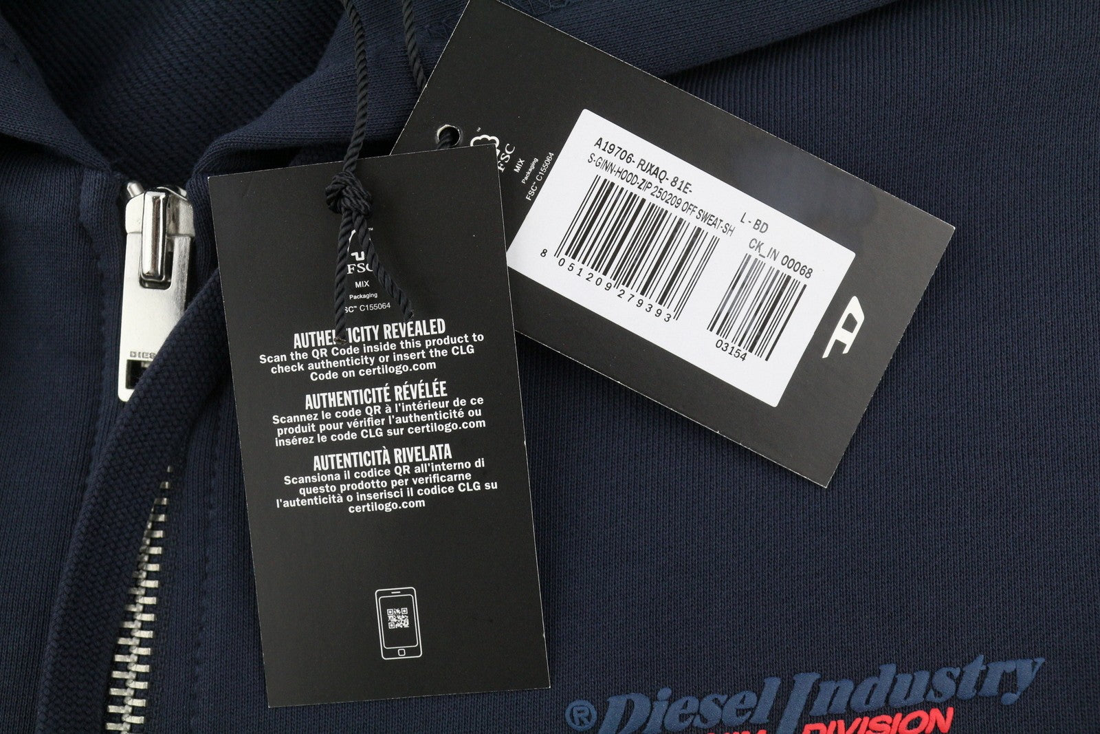 DIESEL S-Ginn-Hood-Zip 250209 Off Men Hoodie L Dark Blue Cotton Full Zip RRP175