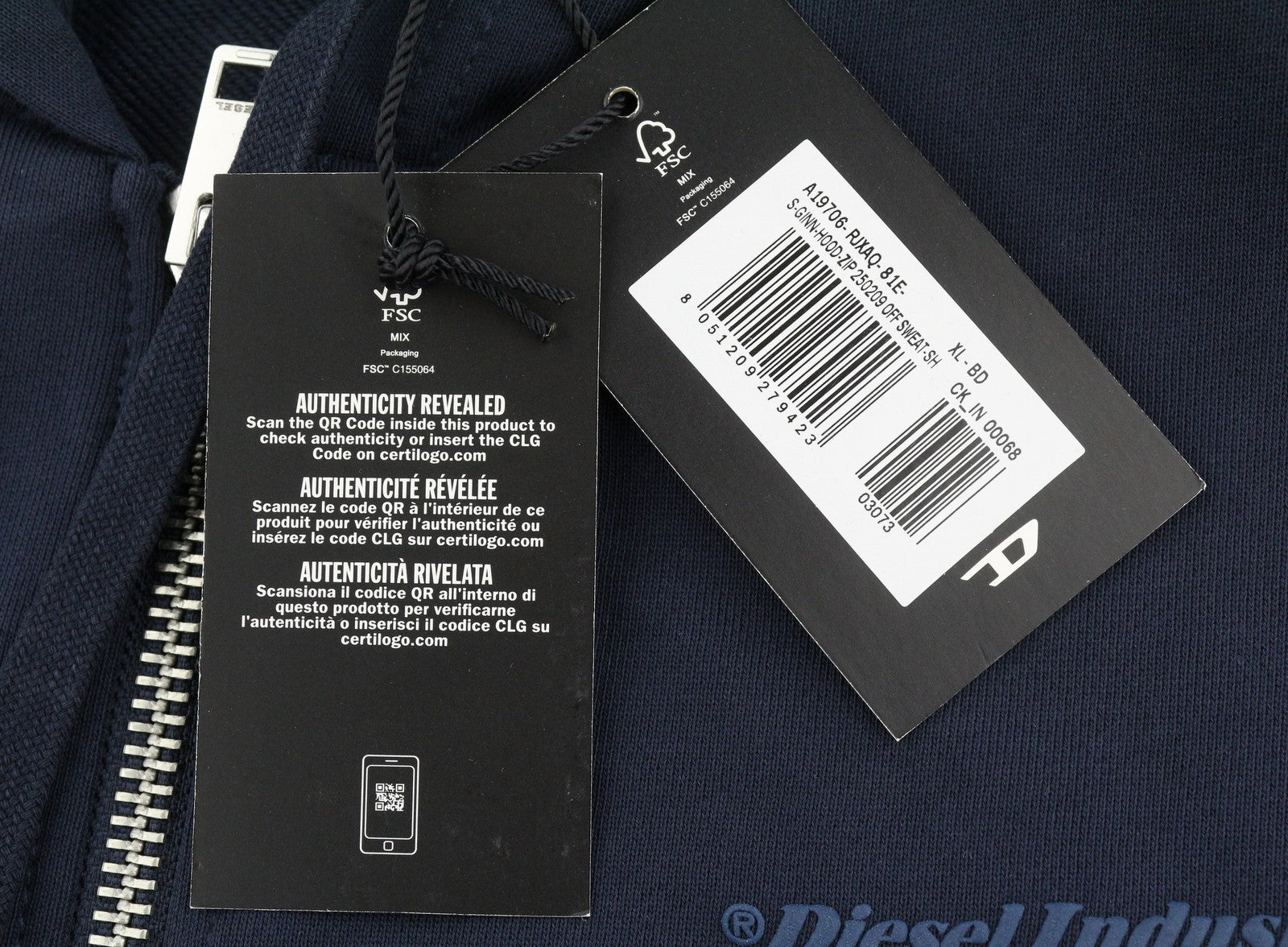 DIESEL S-Ginn-Hood-Zip 250209 Off Men Hoodie XL Dark Blue Cotton Full Zip RRP175